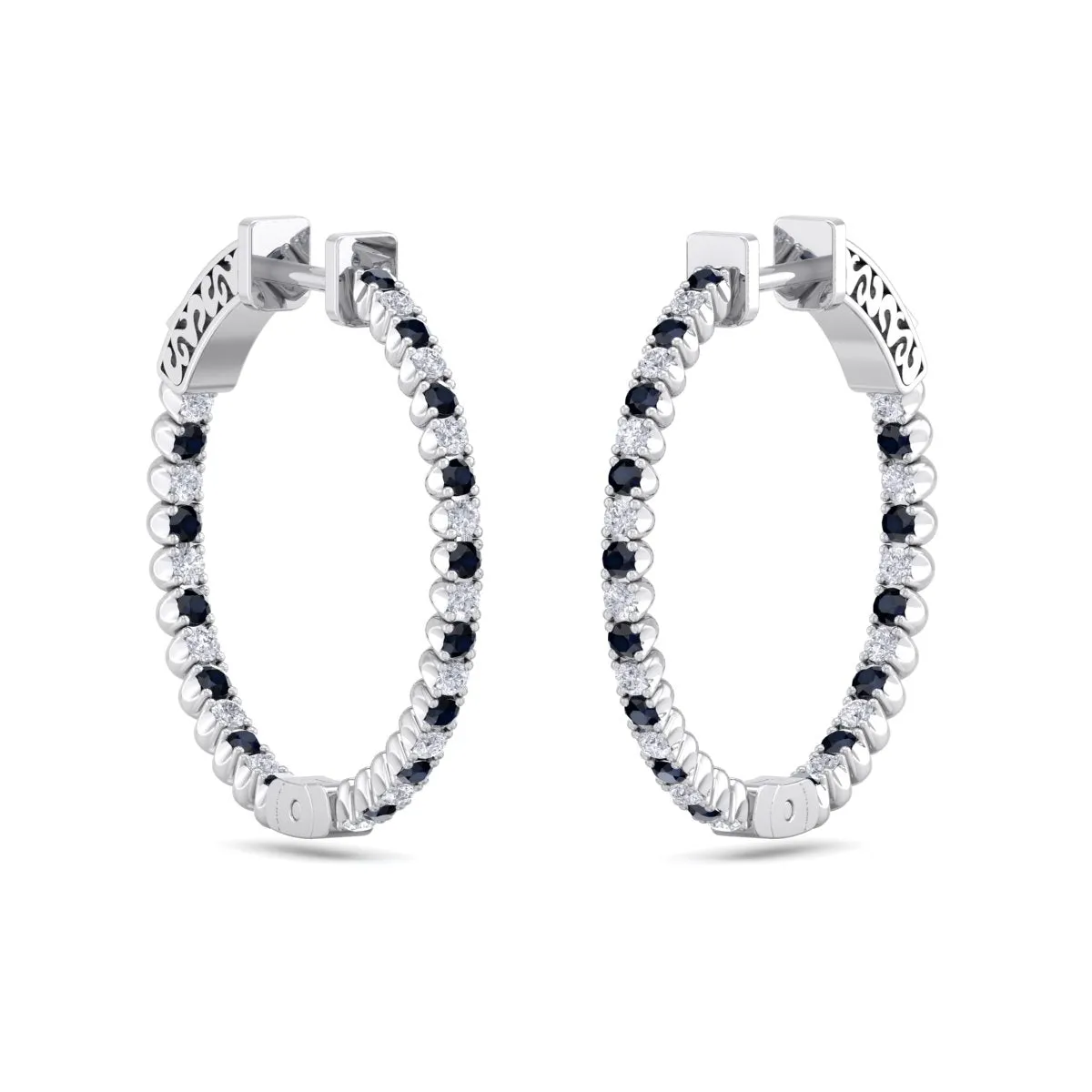 1 Carat Sapphire And Diamond Hoop Earrings In 14 Karat White Gold, 3/4 Inch