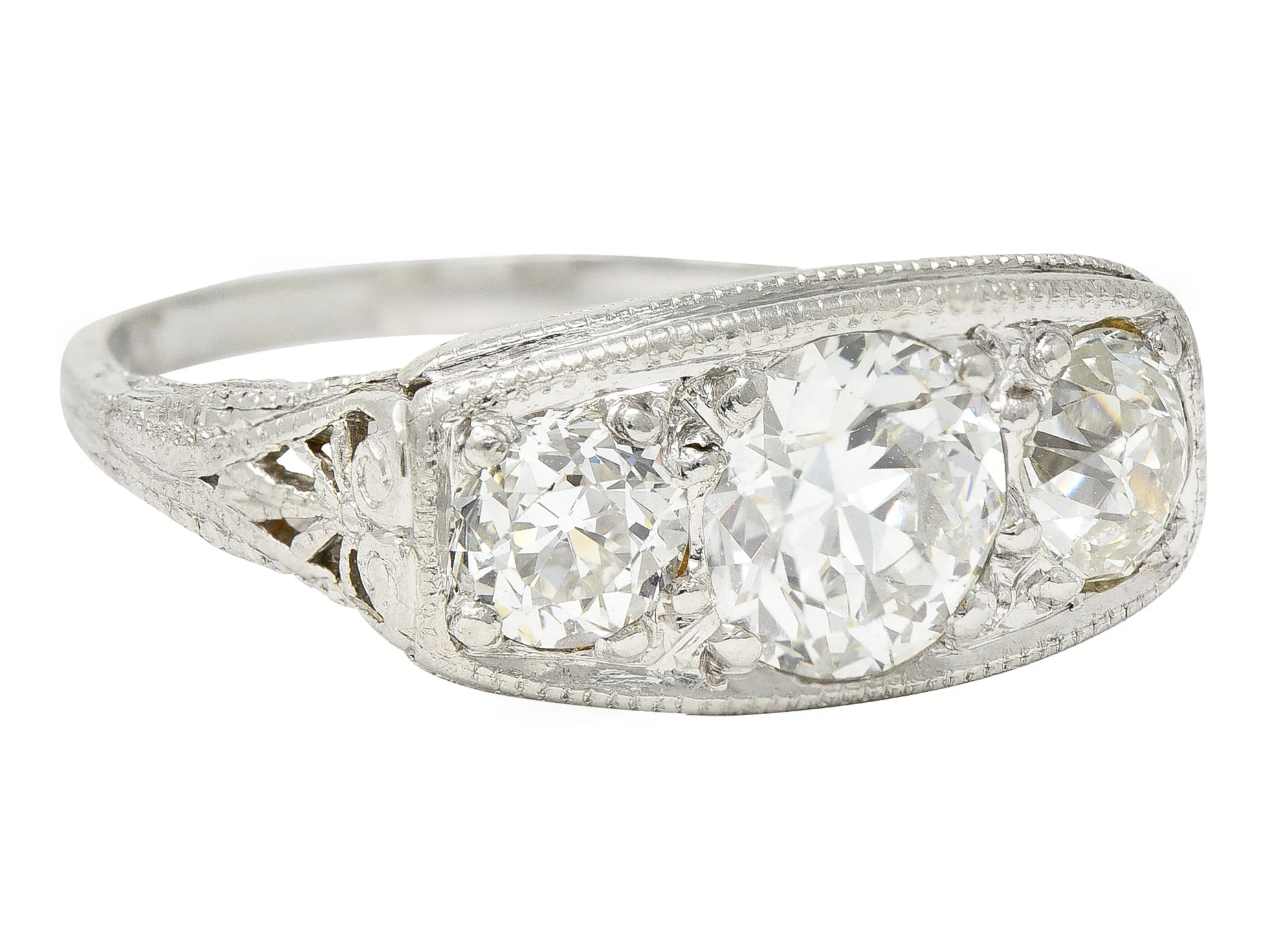 1920's Art Deco 1.95 CTW Diamond Platinum Three Stone Dinner Ring