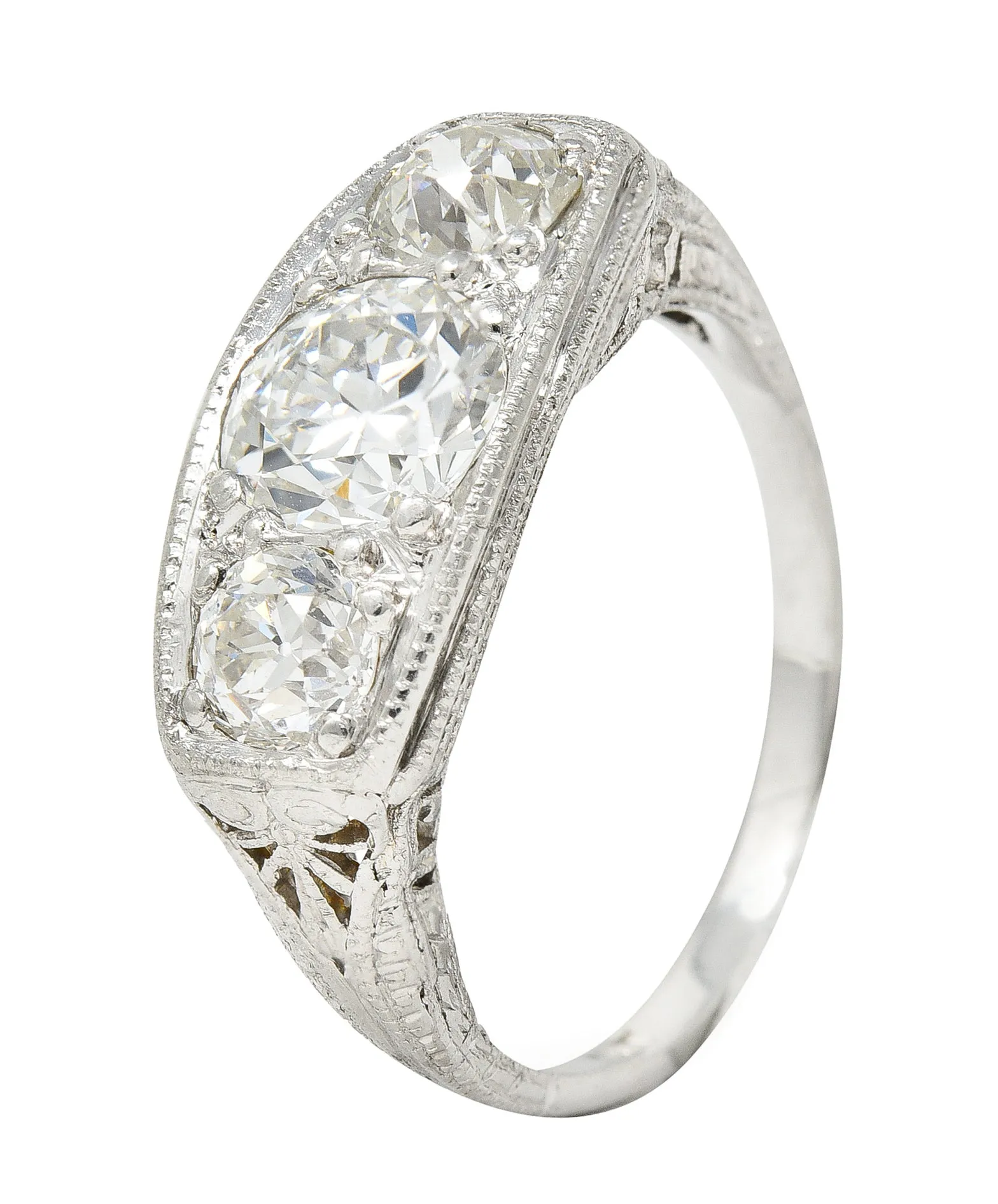 1920's Art Deco 1.95 CTW Diamond Platinum Three Stone Dinner Ring