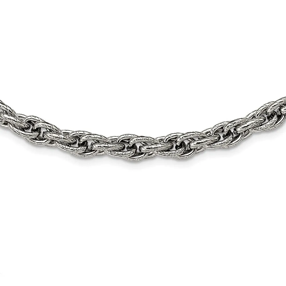 7.5mm Stainless Steel Textured Fancy Loose Rope Chain Necklace, 24 In