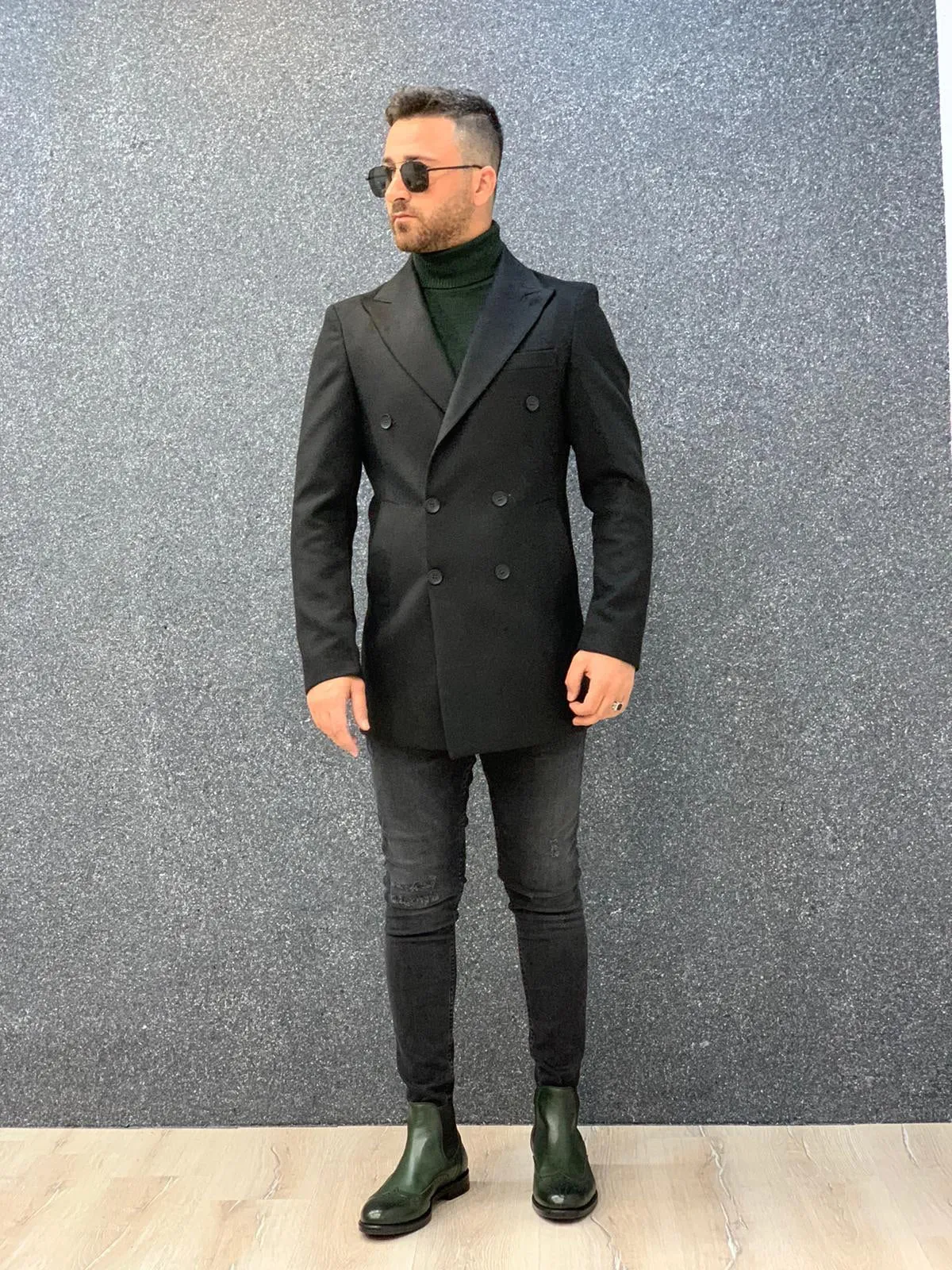 Ade Black Slim Fit Long Coat