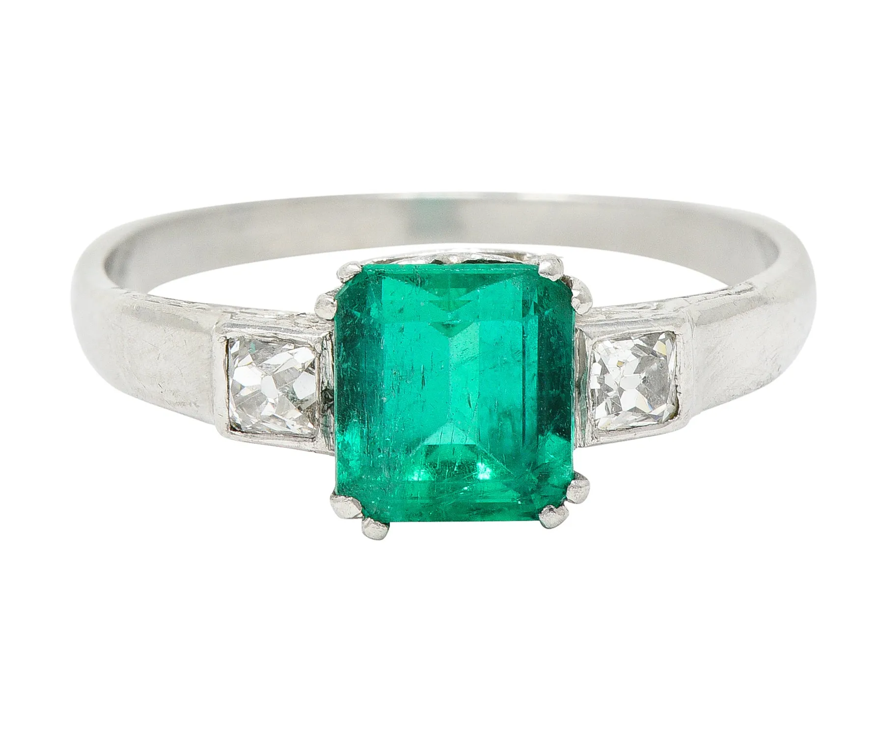 Art Deco 1.65 CTW Emerald Diamond Platinum Three Stone Ring