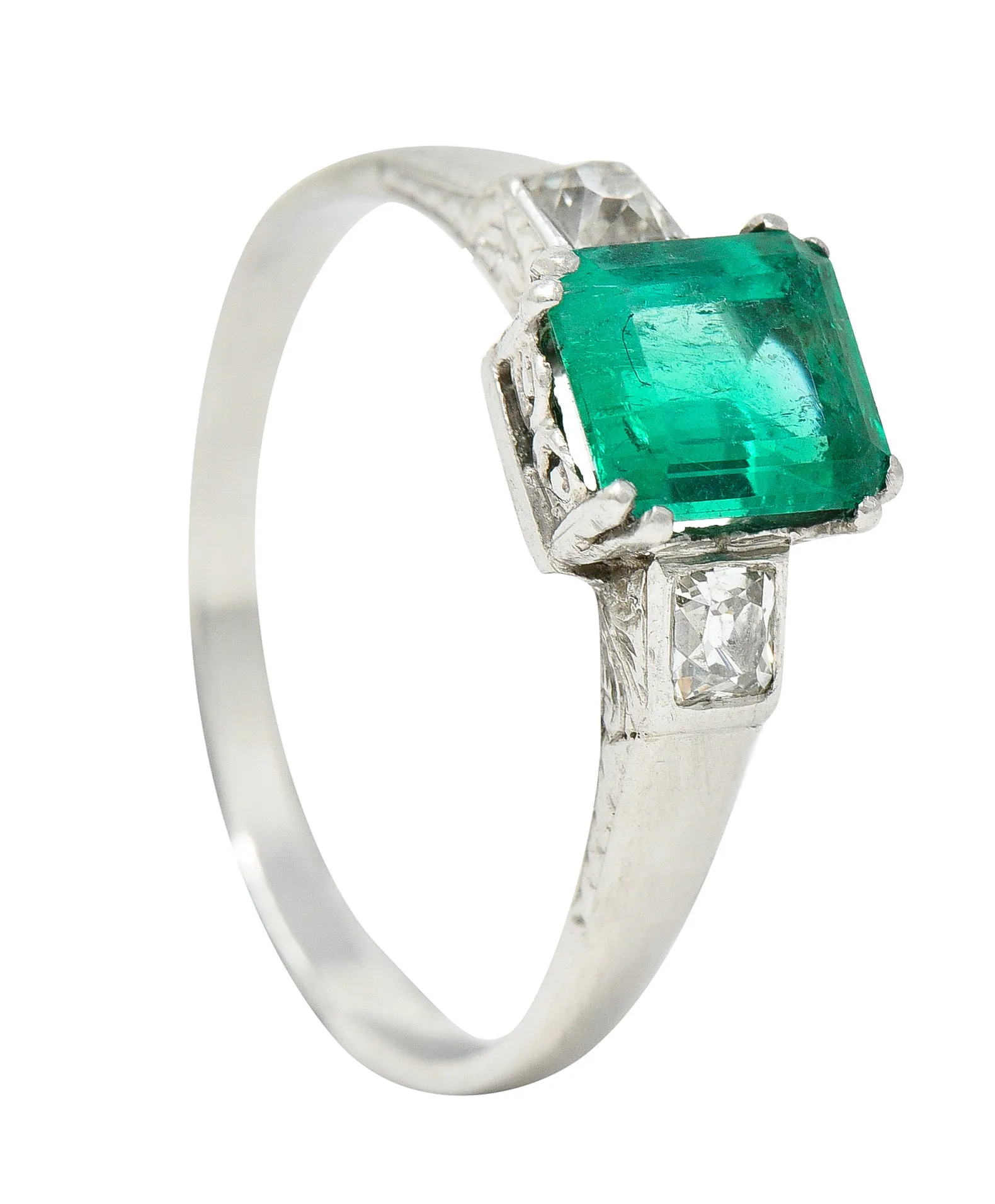 Art Deco 1.65 CTW Emerald Diamond Platinum Three Stone Ring