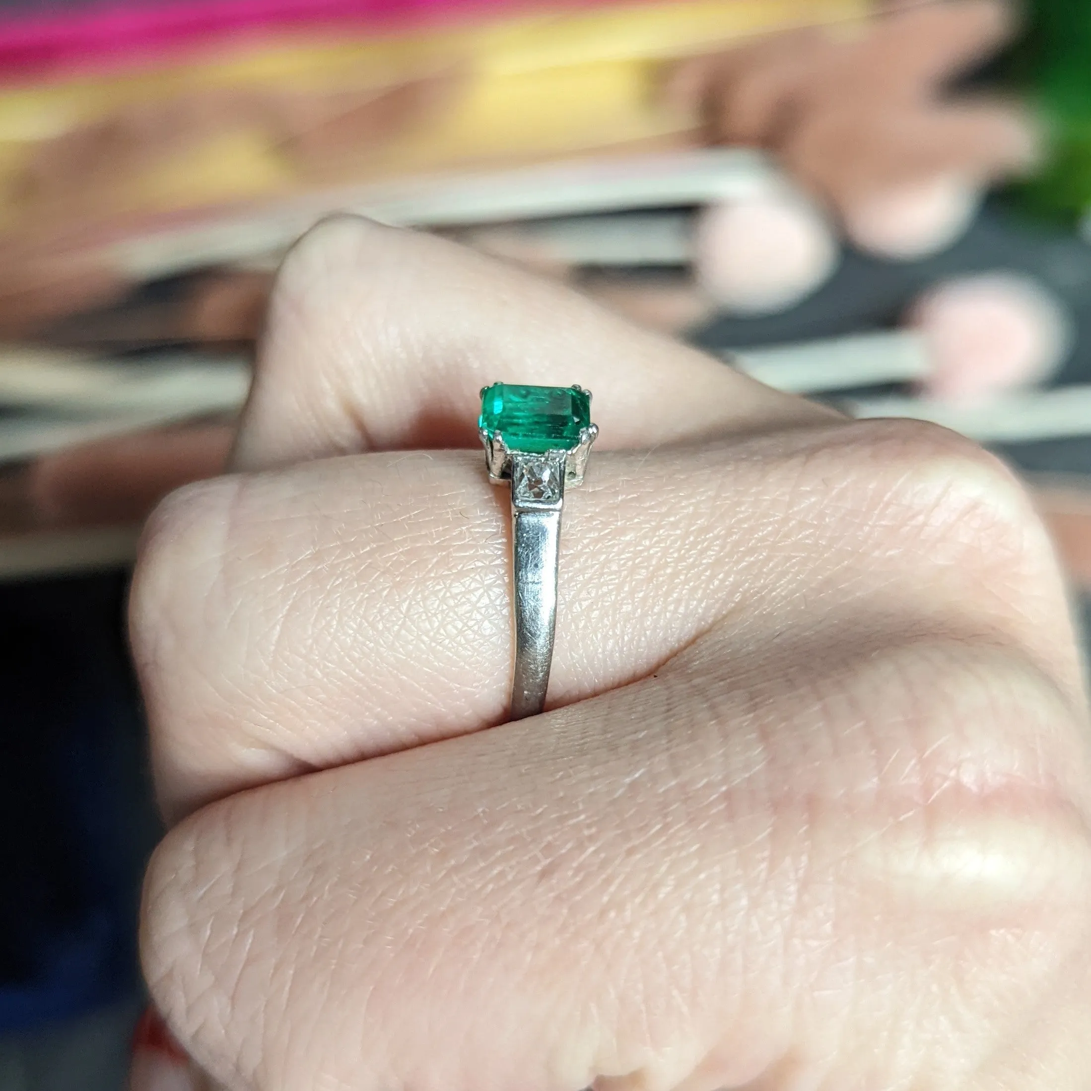 Art Deco 1.65 CTW Emerald Diamond Platinum Three Stone Ring