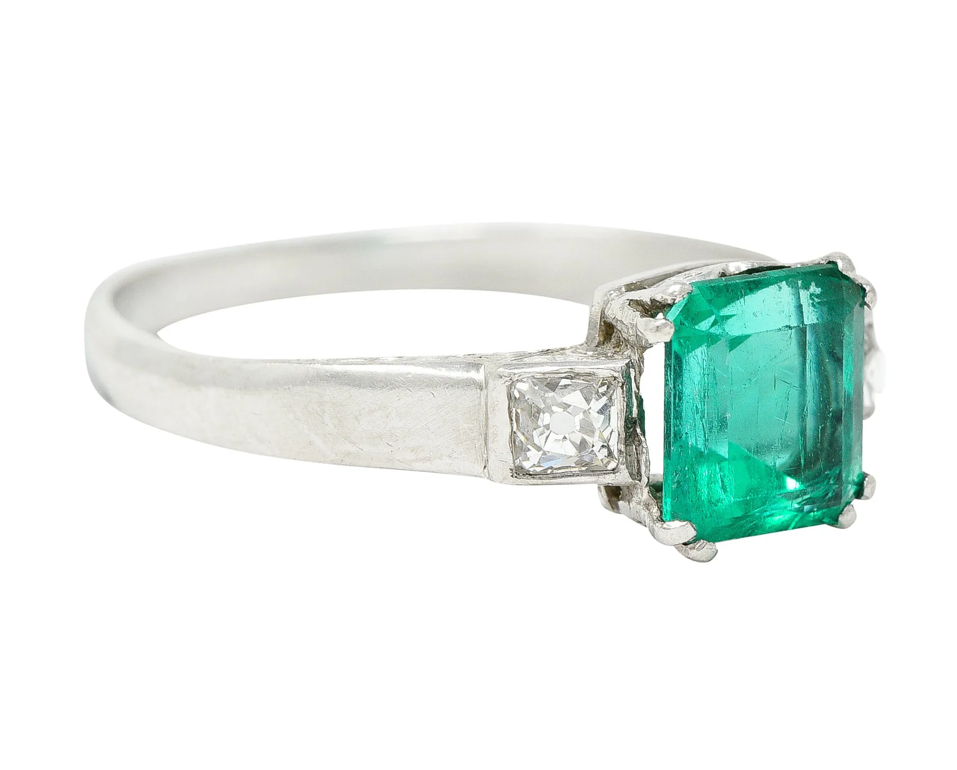 Art Deco 1.65 CTW Emerald Diamond Platinum Three Stone Ring