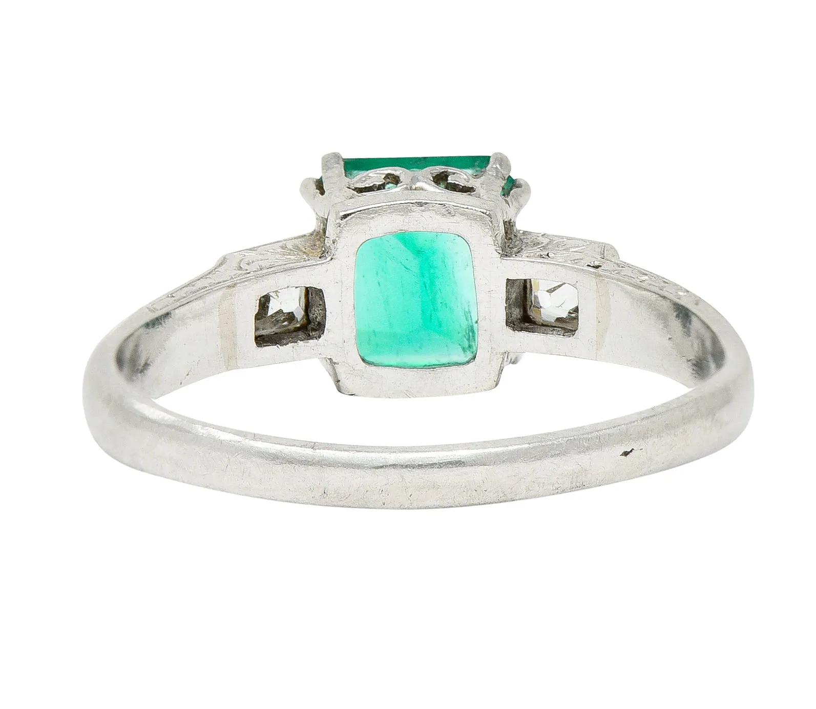 Art Deco 1.65 CTW Emerald Diamond Platinum Three Stone Ring