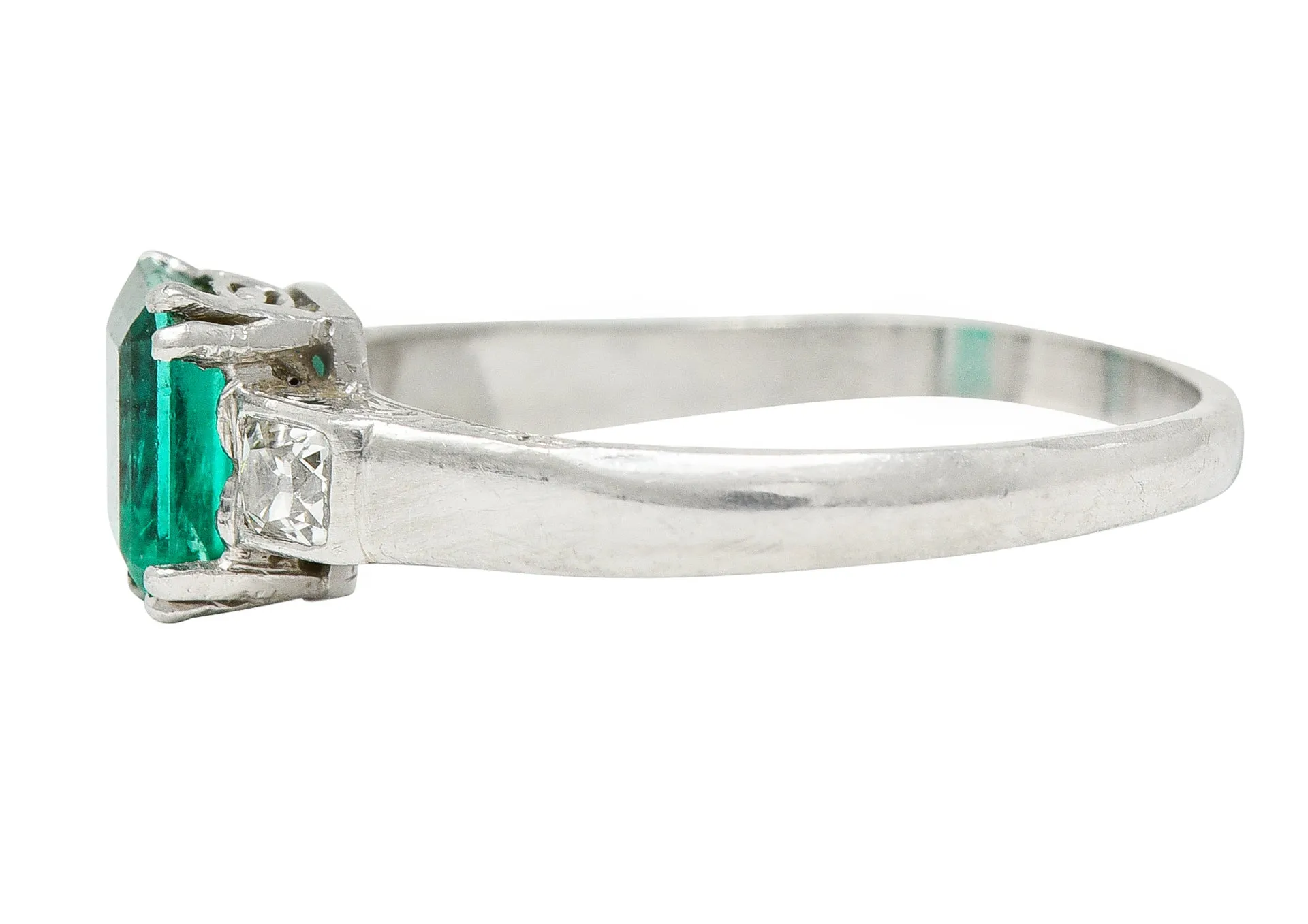 Art Deco 1.65 CTW Emerald Diamond Platinum Three Stone Ring