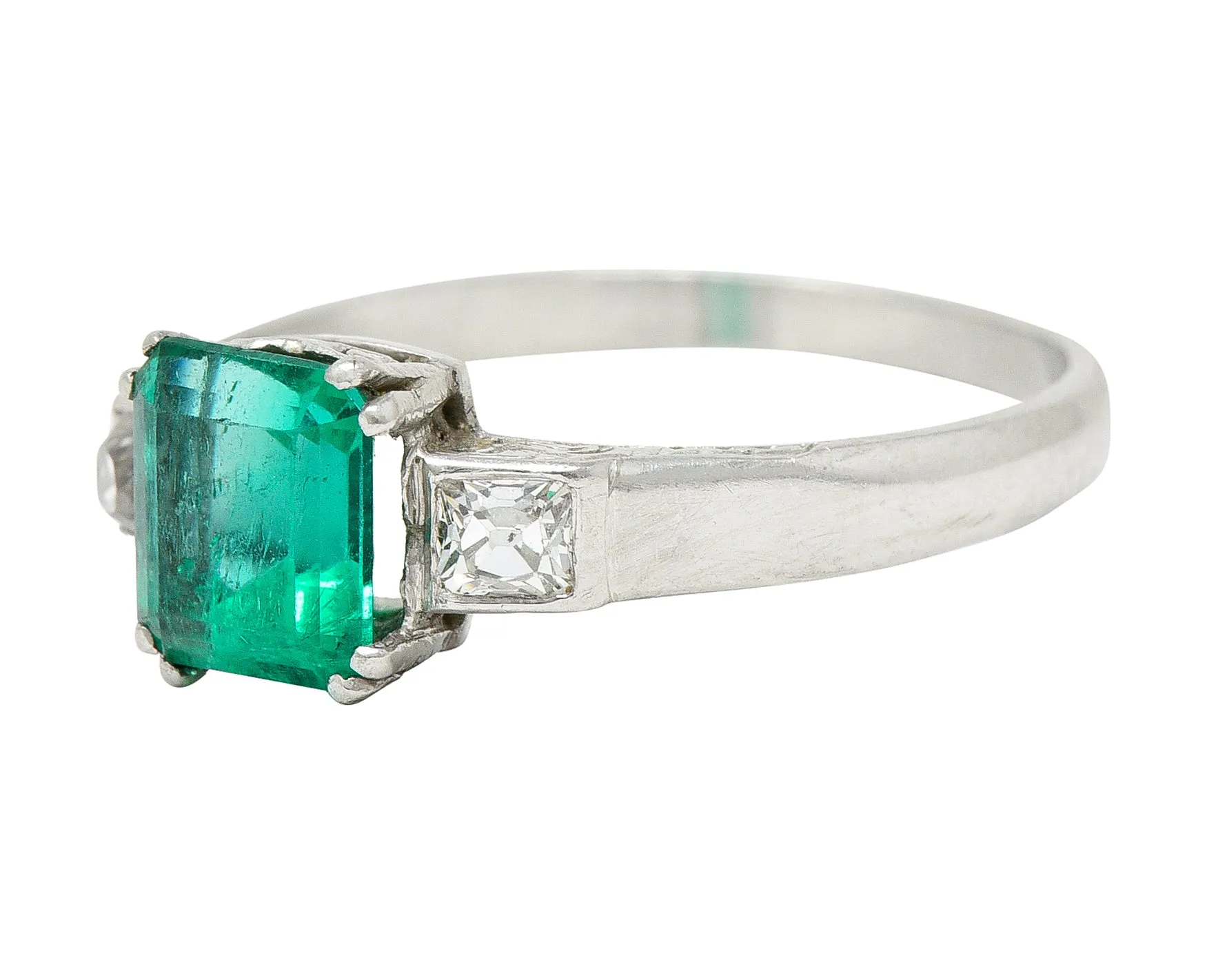 Art Deco 1.65 CTW Emerald Diamond Platinum Three Stone Ring