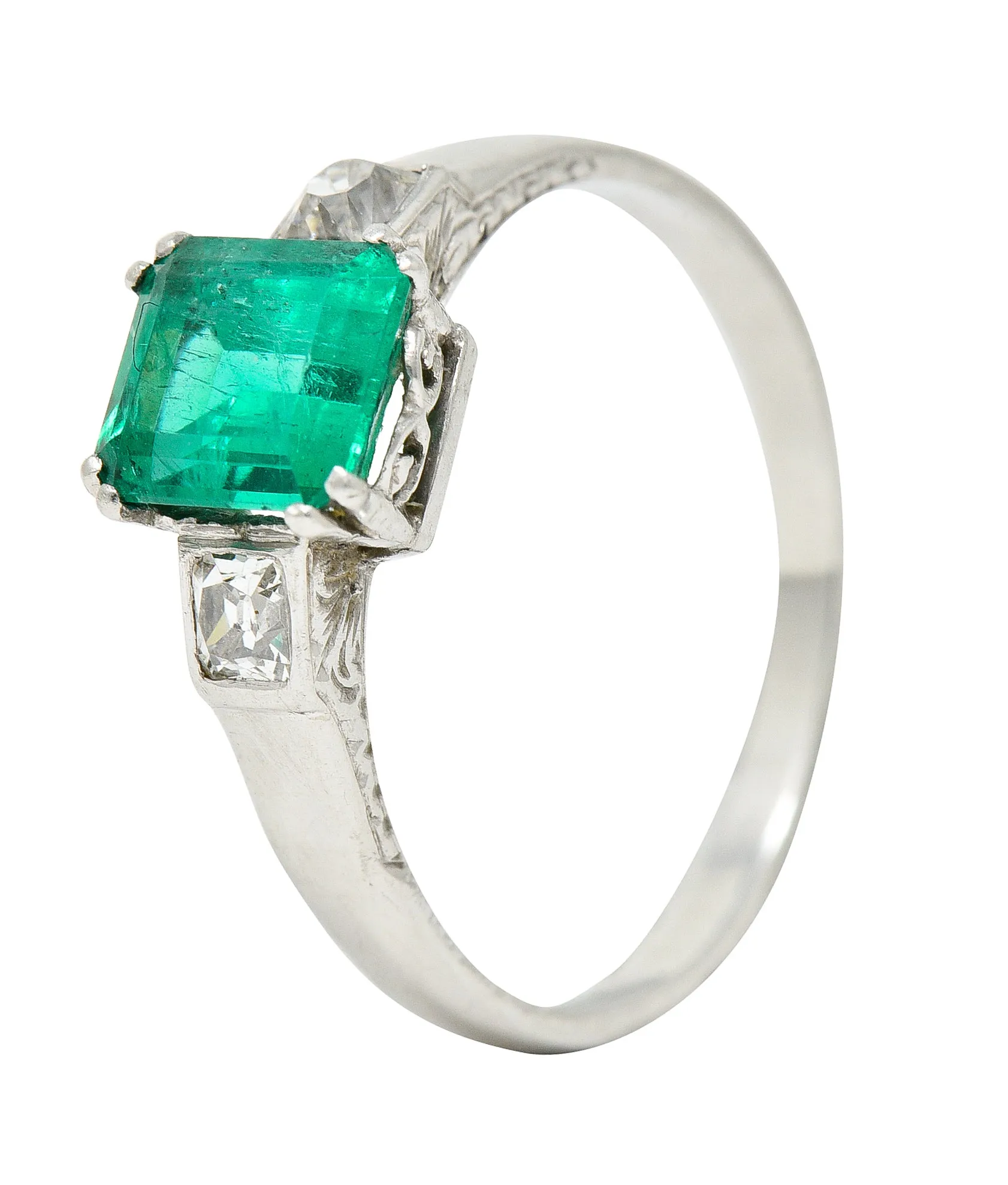 Art Deco 1.65 CTW Emerald Diamond Platinum Three Stone Ring