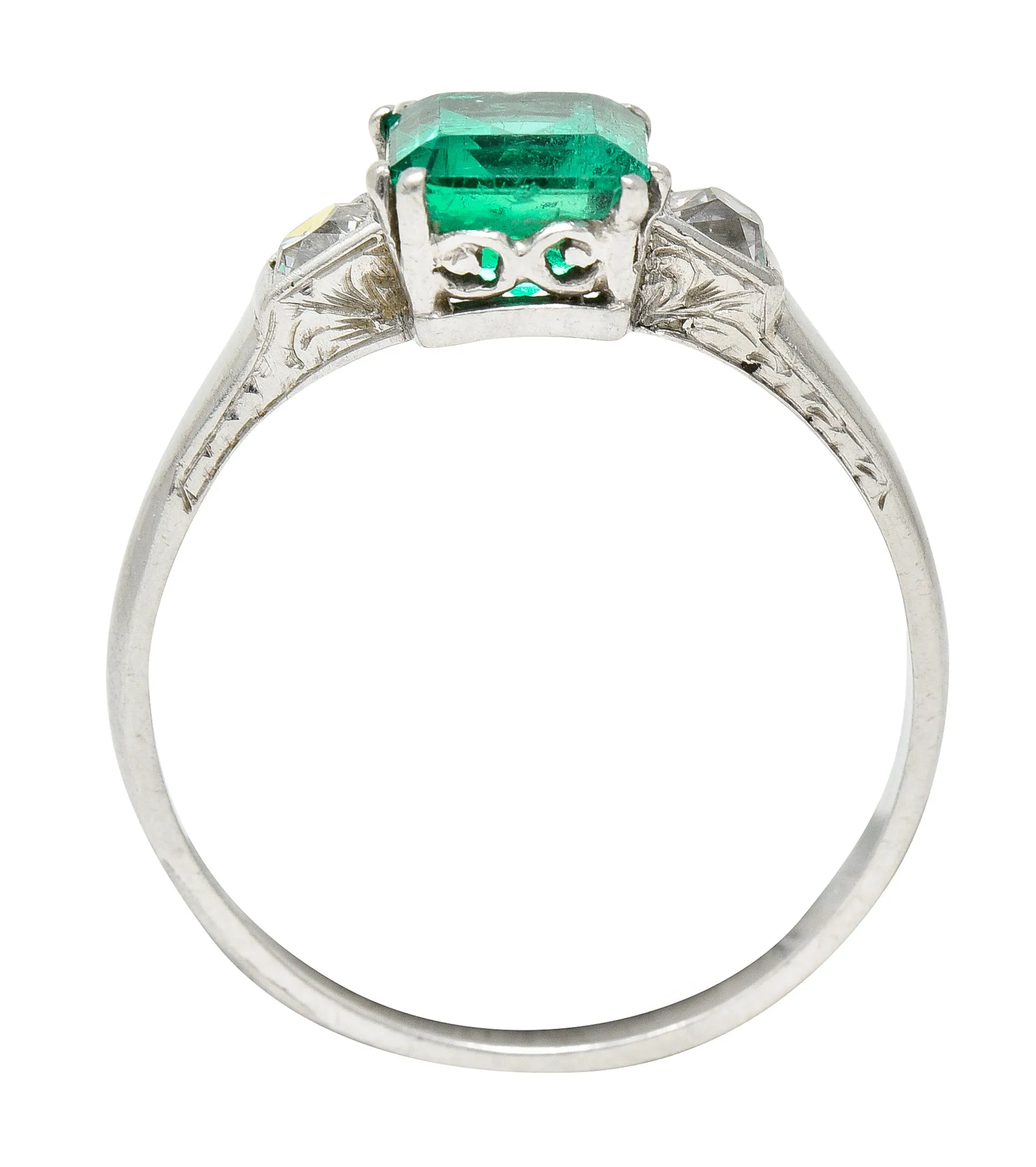 Art Deco 1.65 CTW Emerald Diamond Platinum Three Stone Ring