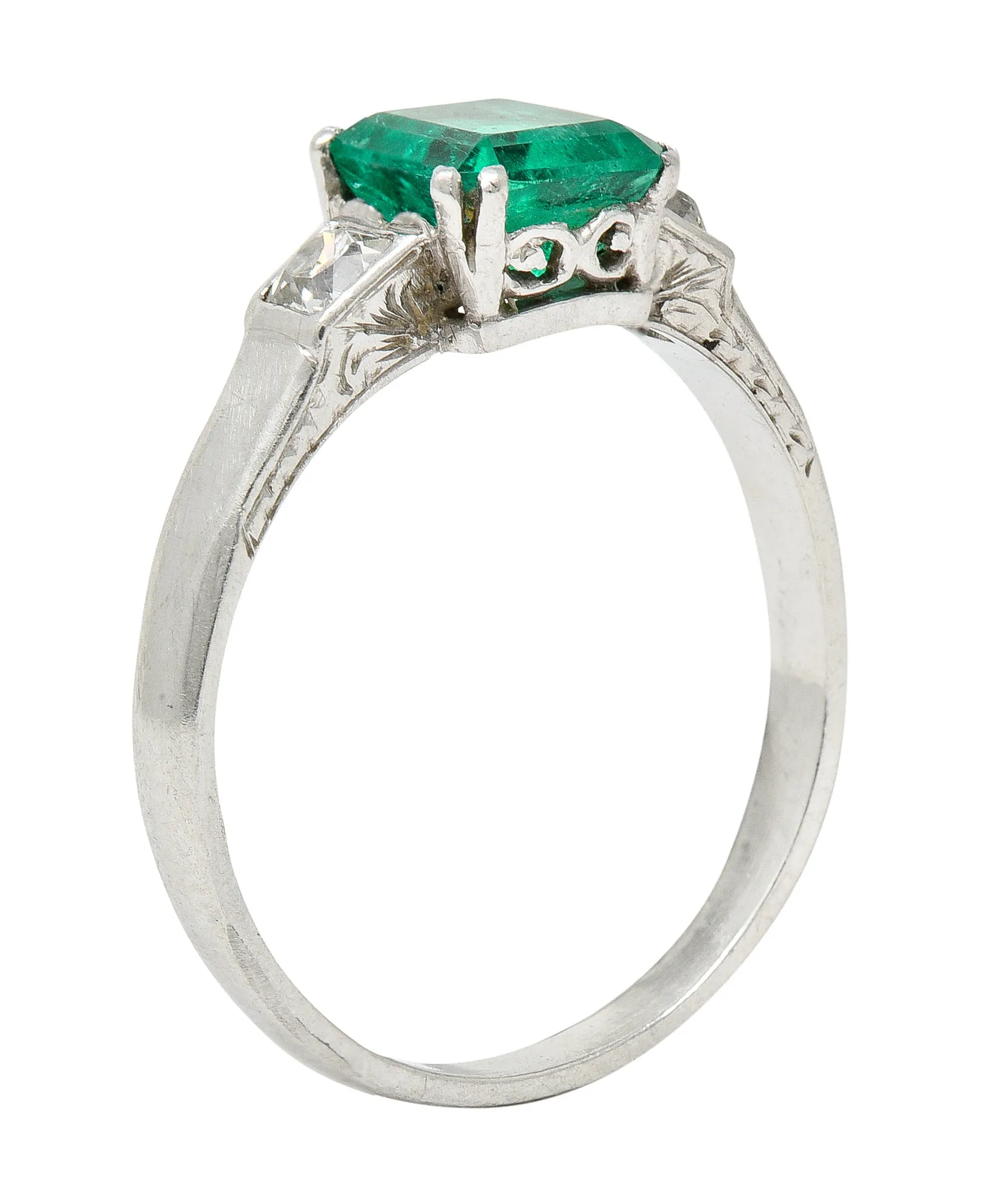 Art Deco 1.65 CTW Emerald Diamond Platinum Three Stone Ring