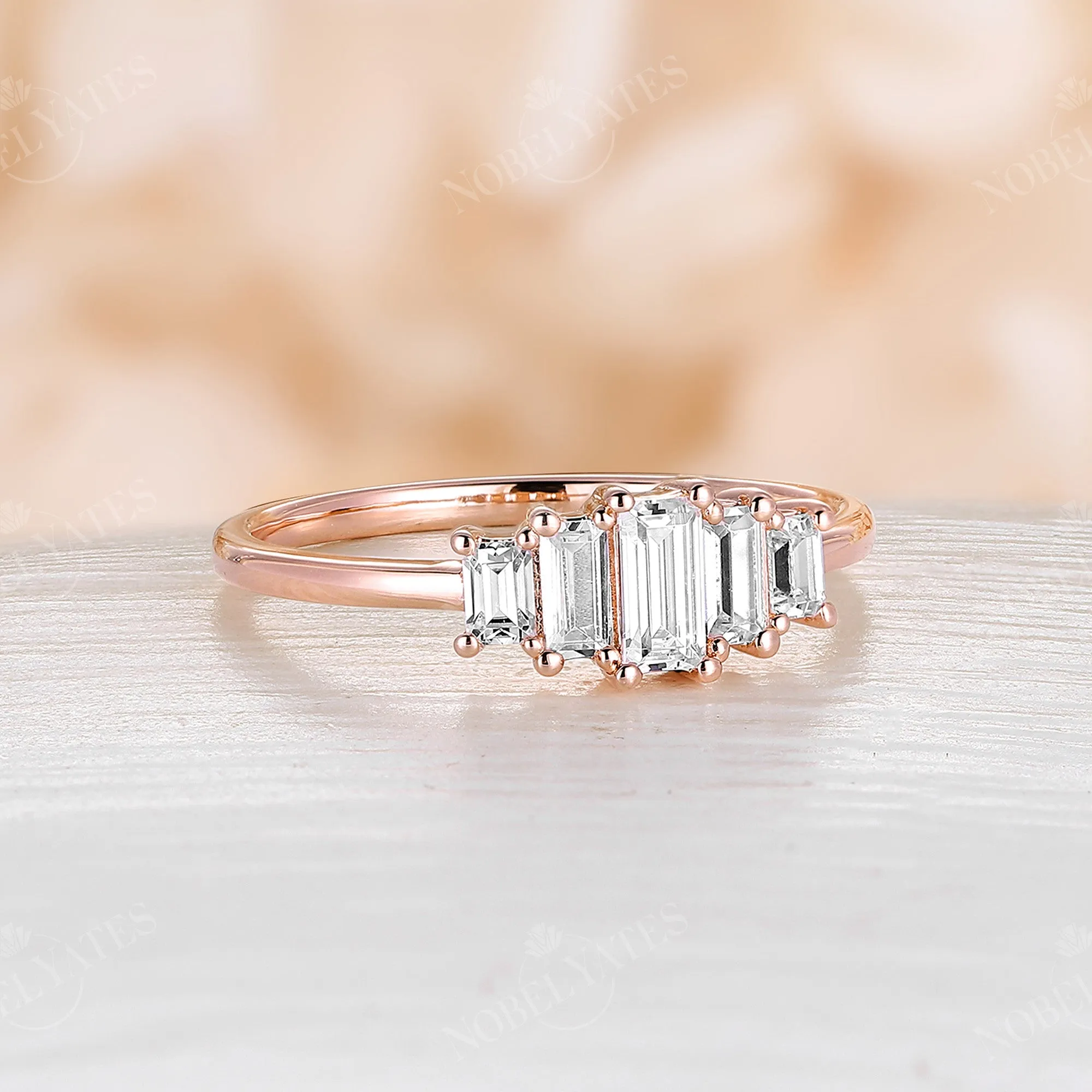 Baguette Art Deco Moissanite Five Stone Wedding Band Rose Gold