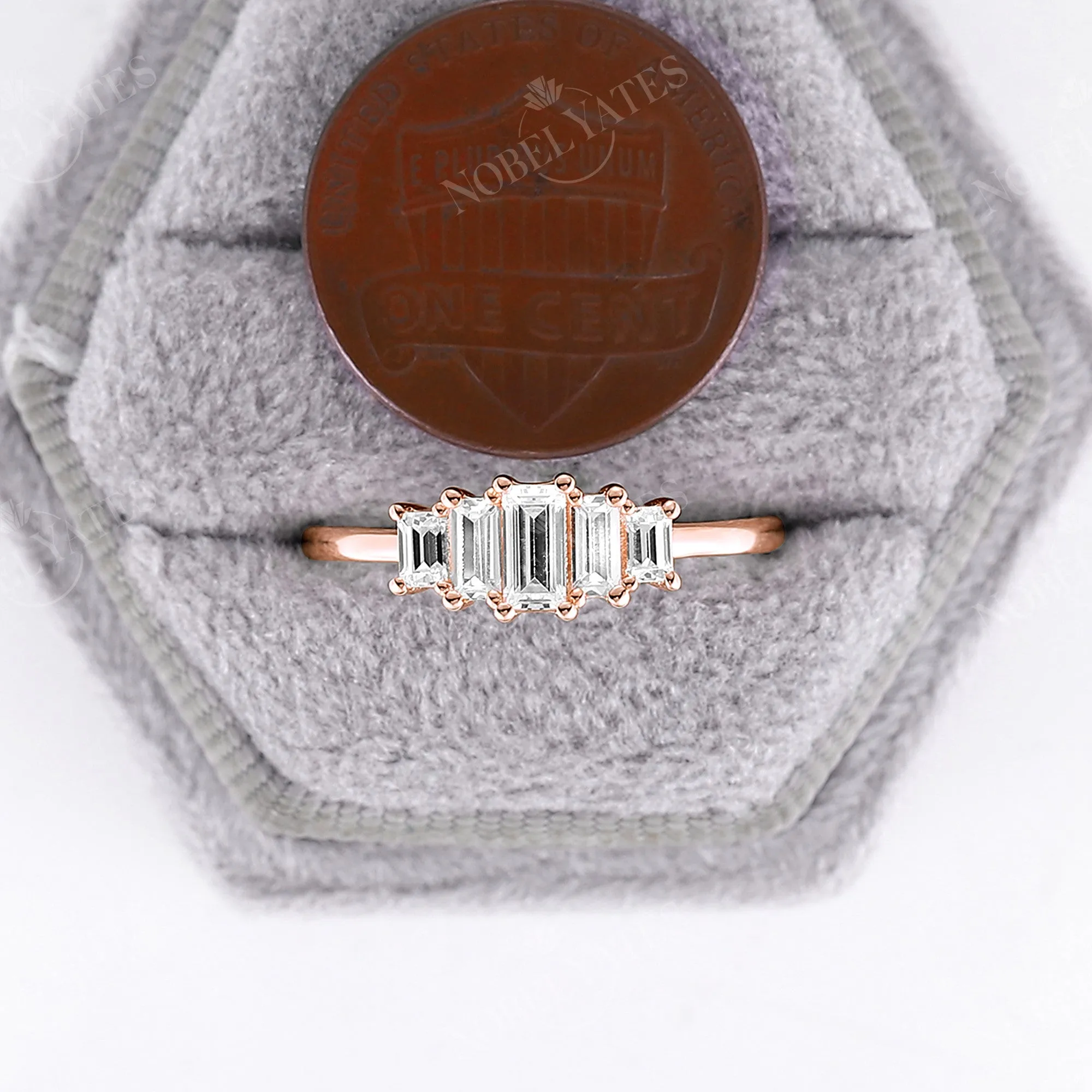 Baguette Art Deco Moissanite Five Stone Wedding Band Rose Gold