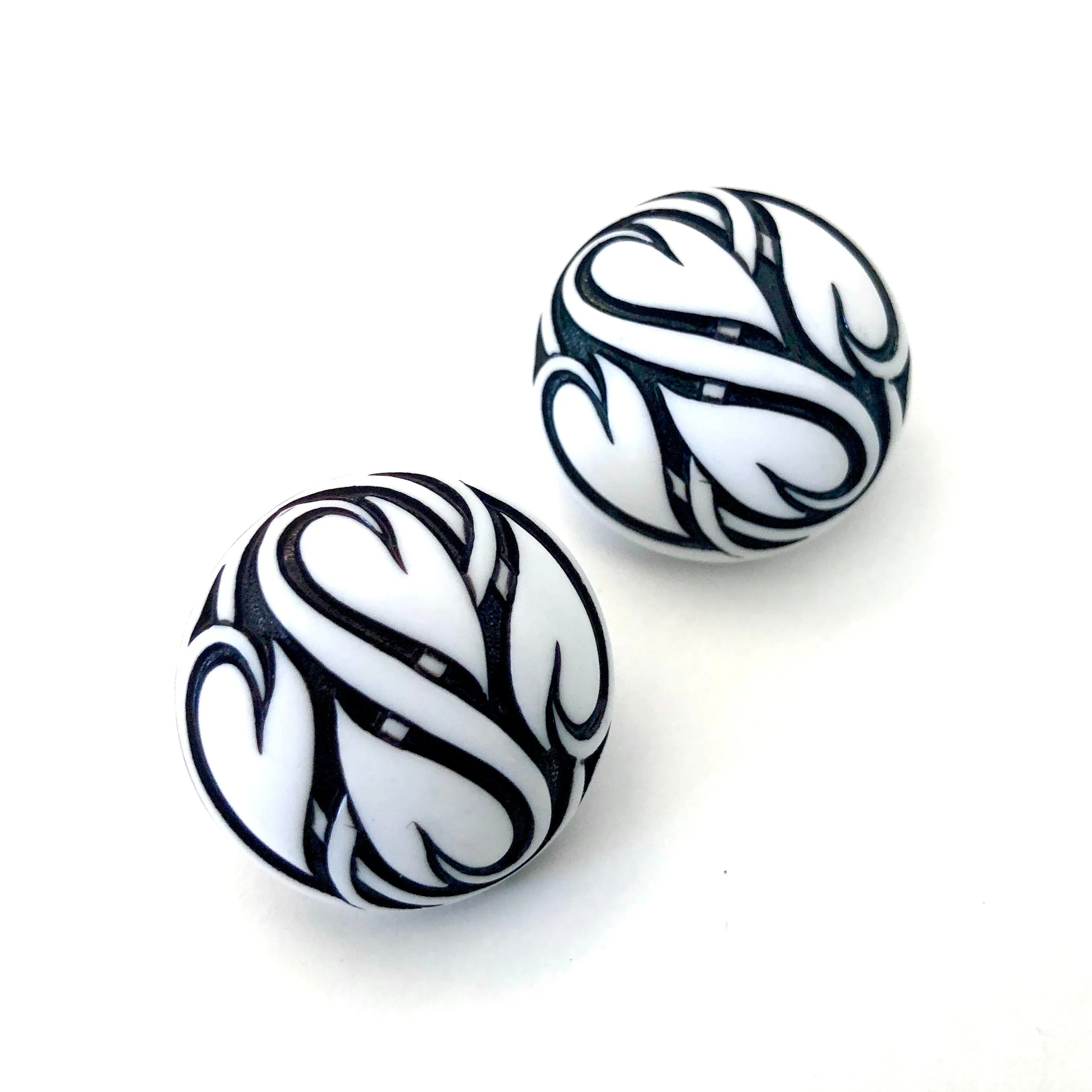 Black & White Hearts Aflame Retro Button Stud Earrings