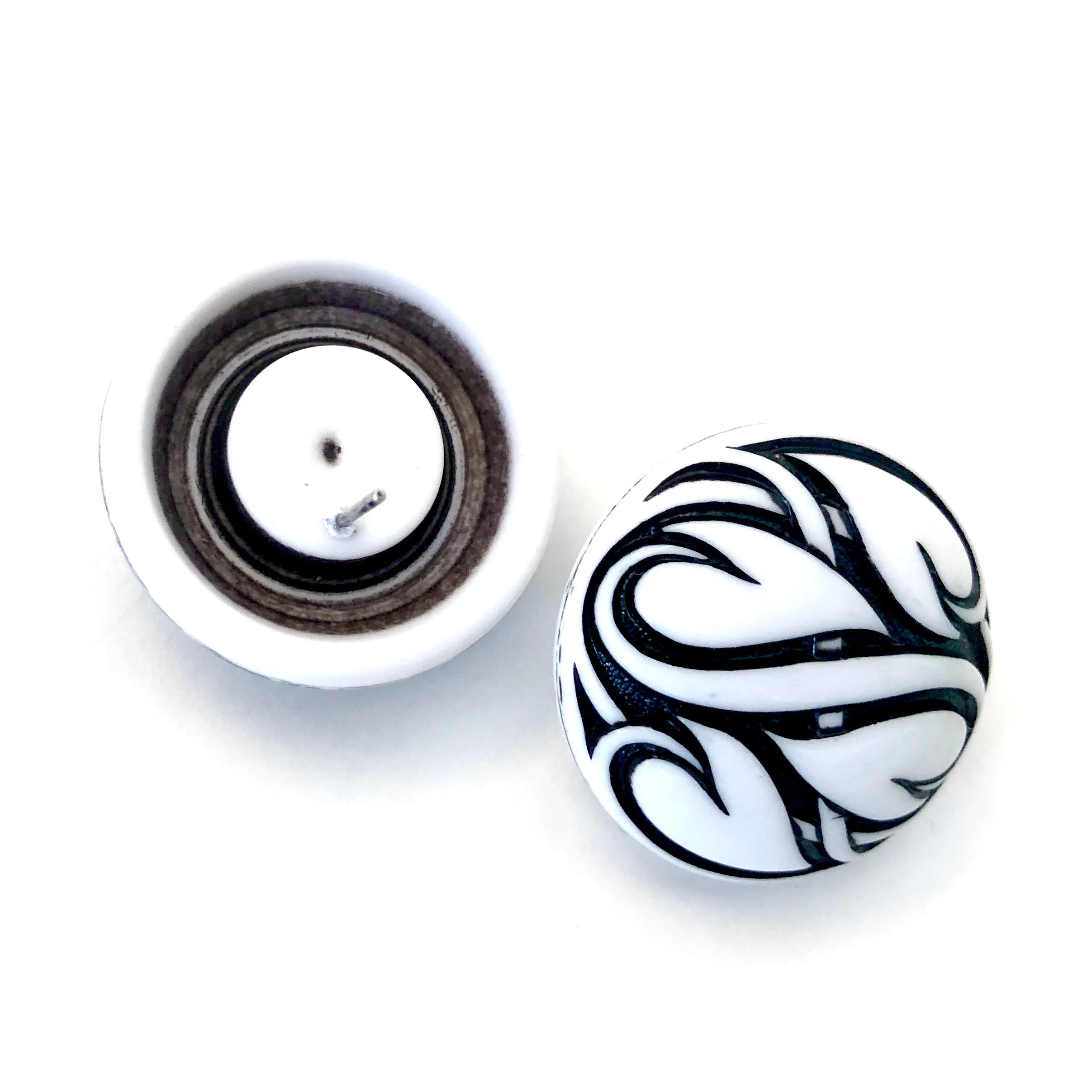 Black & White Hearts Aflame Retro Button Stud Earrings