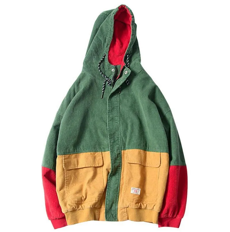 Block Patchwork Corduroy Hooded Jacket