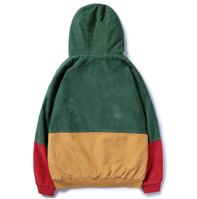 Block Patchwork Corduroy Hooded Jacket