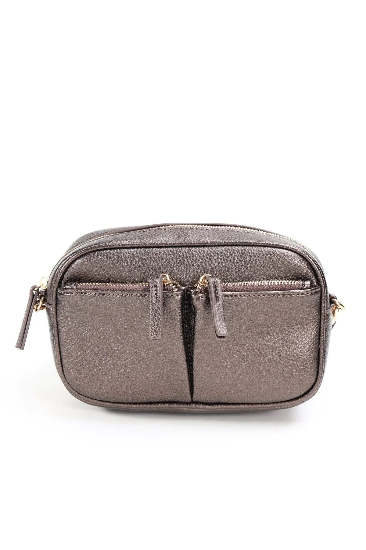 Bronze Double Pocket Crossbody Bag with Printed Strap