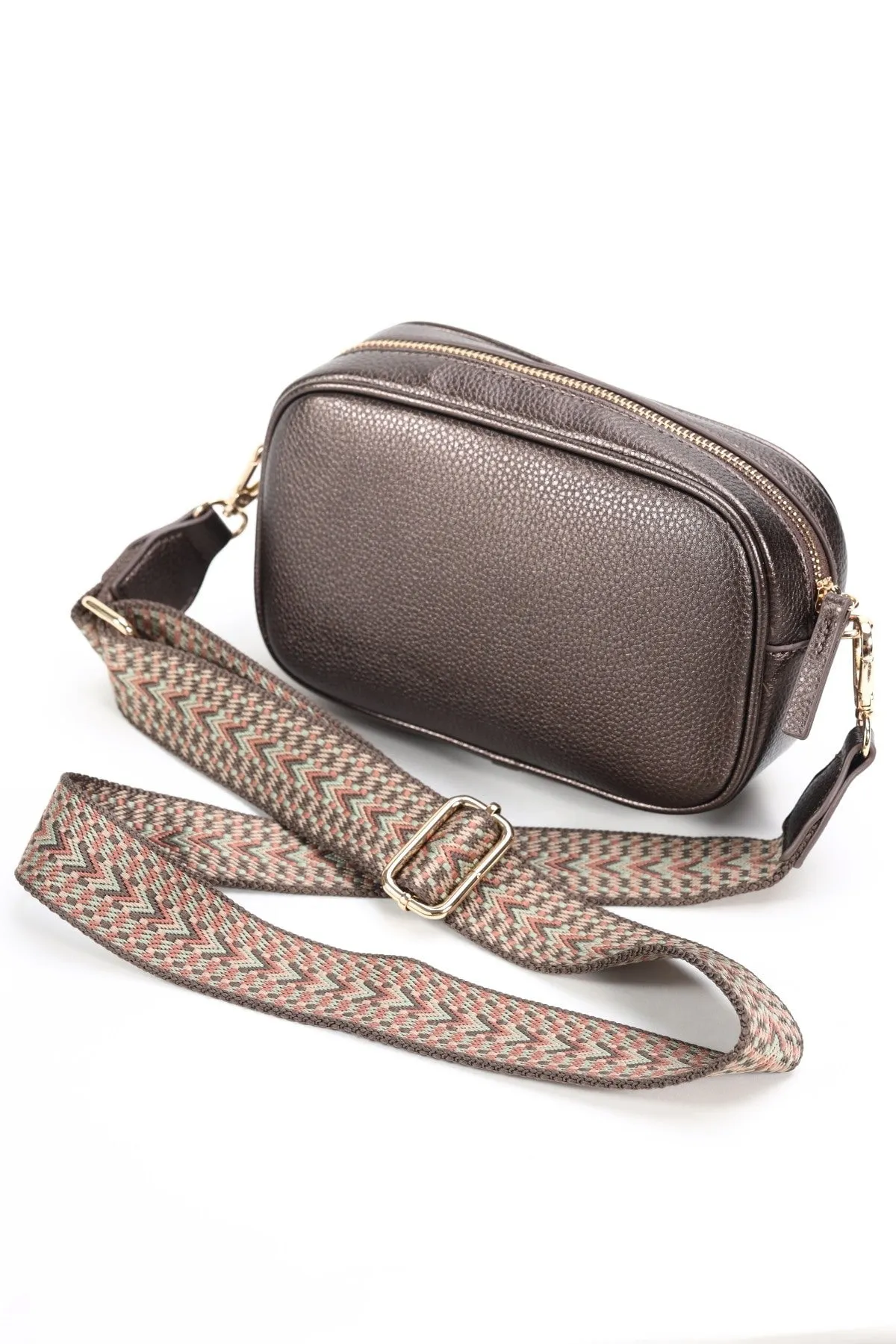 Bronze Double Pocket Crossbody Bag with Printed Strap