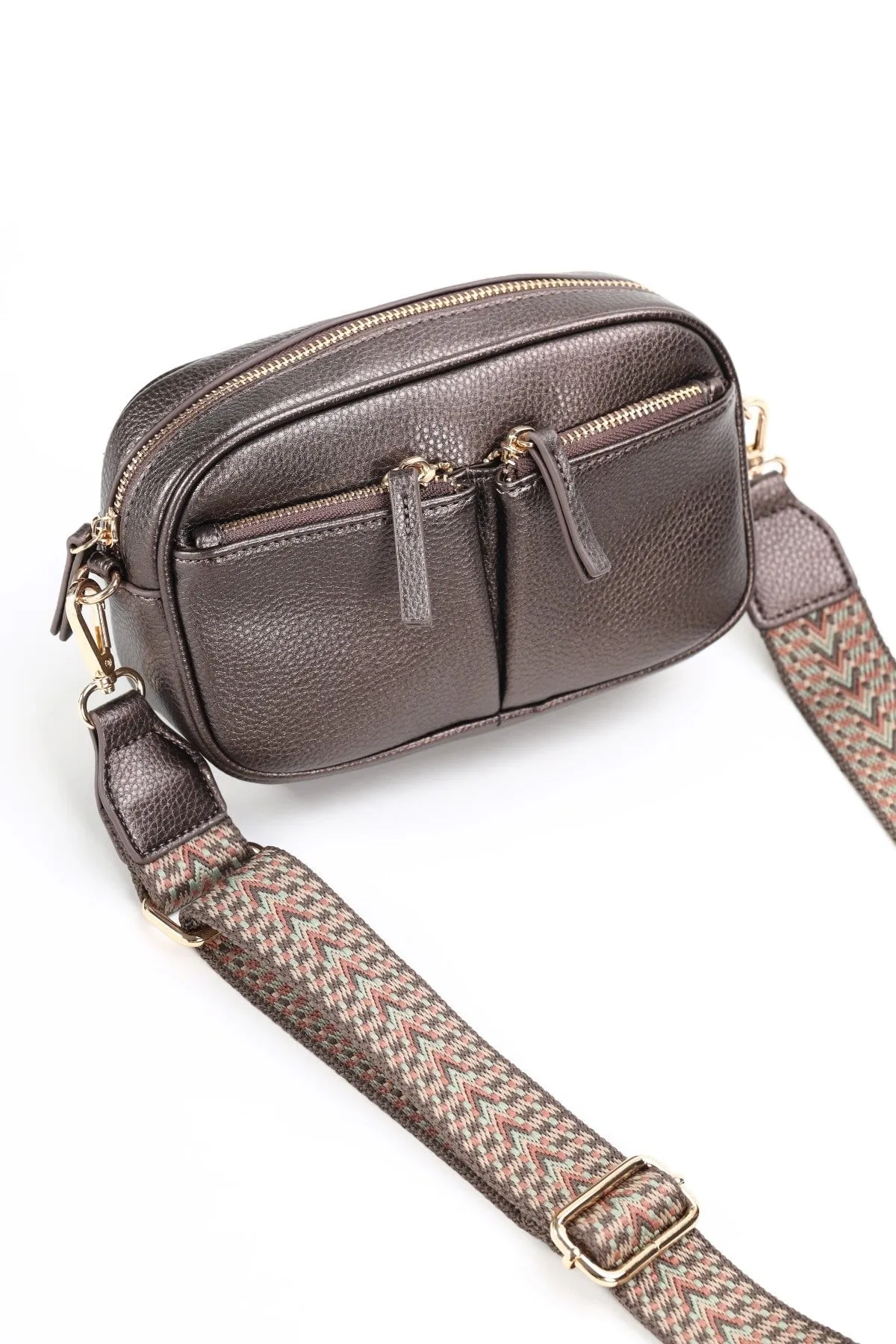 Bronze Double Pocket Crossbody Bag with Printed Strap