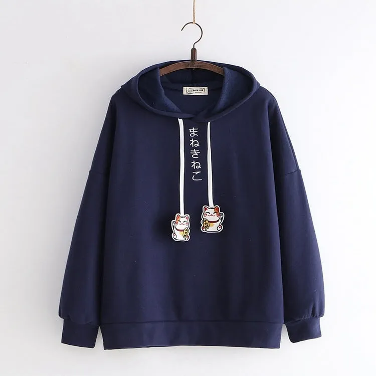 Cartoon Embroidery Drawstring Hoodies Sweatshirts Winter For Women