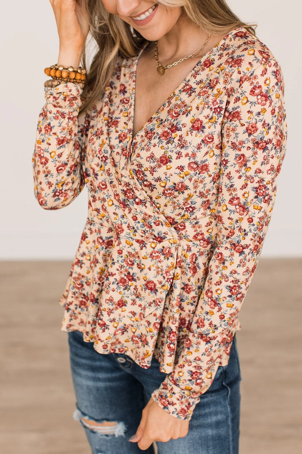 Cherish Today Floral Wrap Blouse- Cream