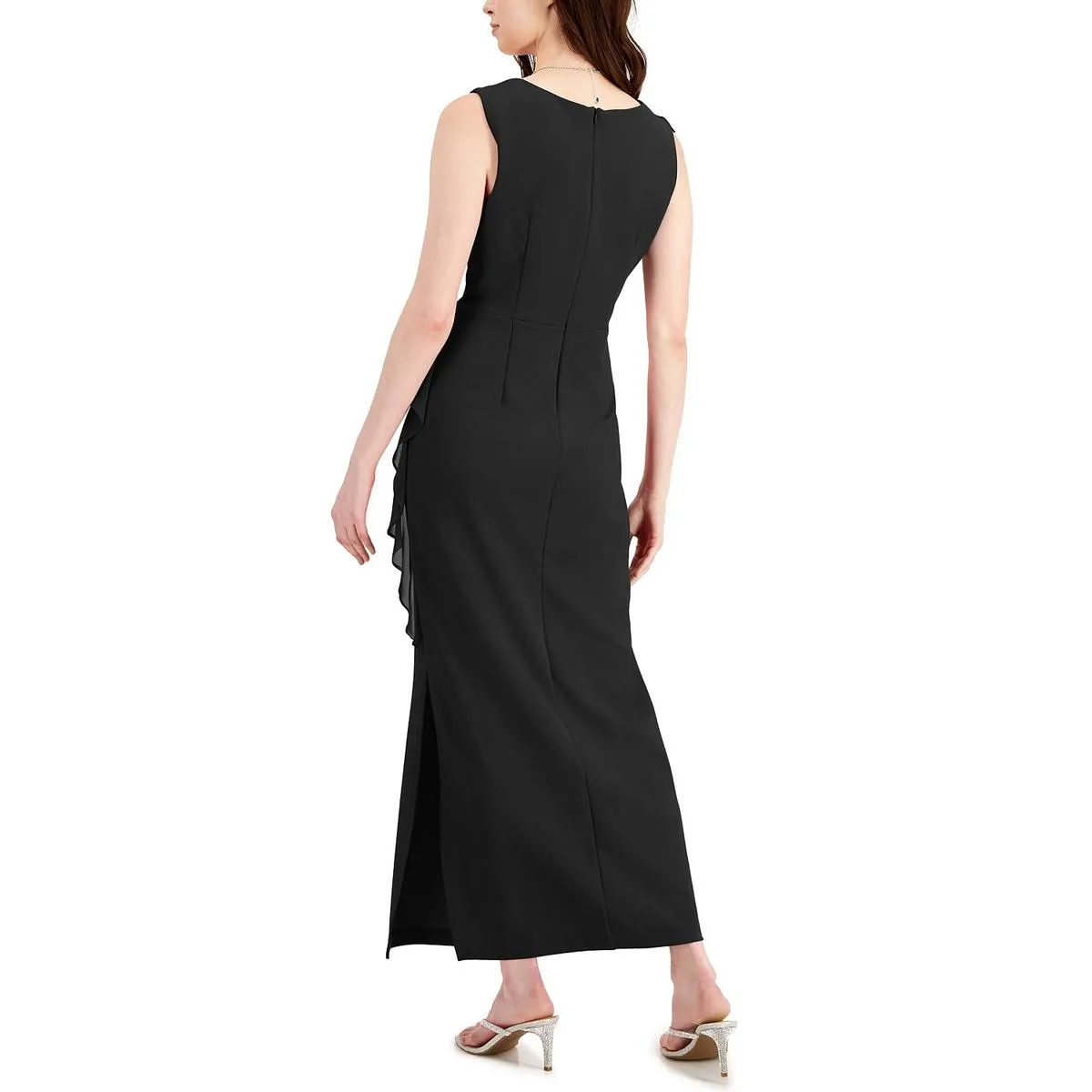 Connected Apparel Womens Cascade Ruffle V Neck Evening Dress