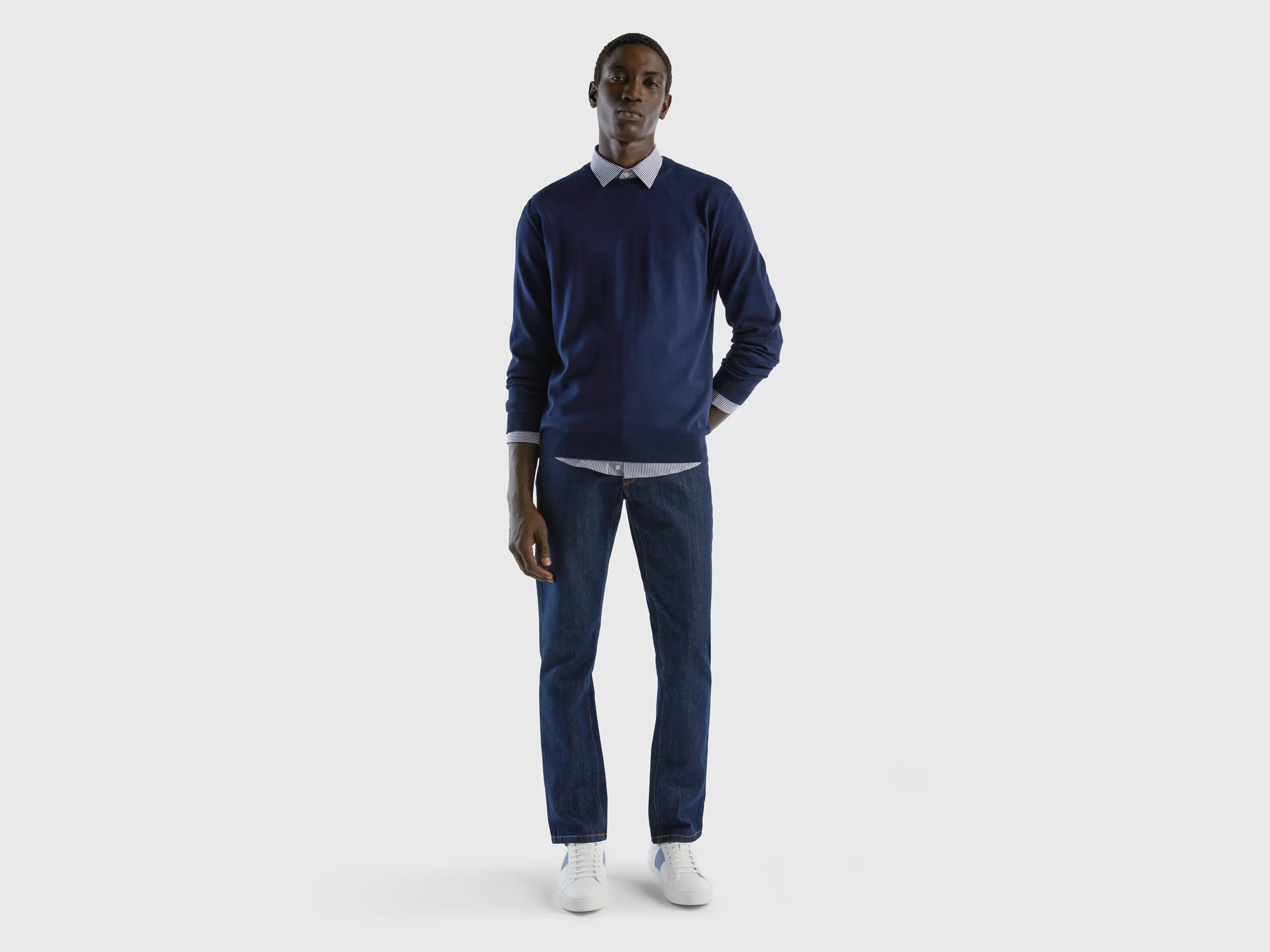 Crew neck sweater in 100% cotton - Dark Blue | Benetton