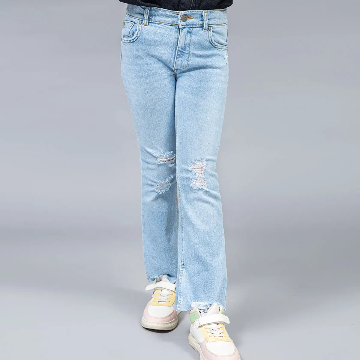 Denim Ripped Flare Jeans (Light Blue)