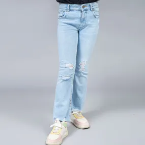 Denim Ripped Flare Jeans (Light Blue)