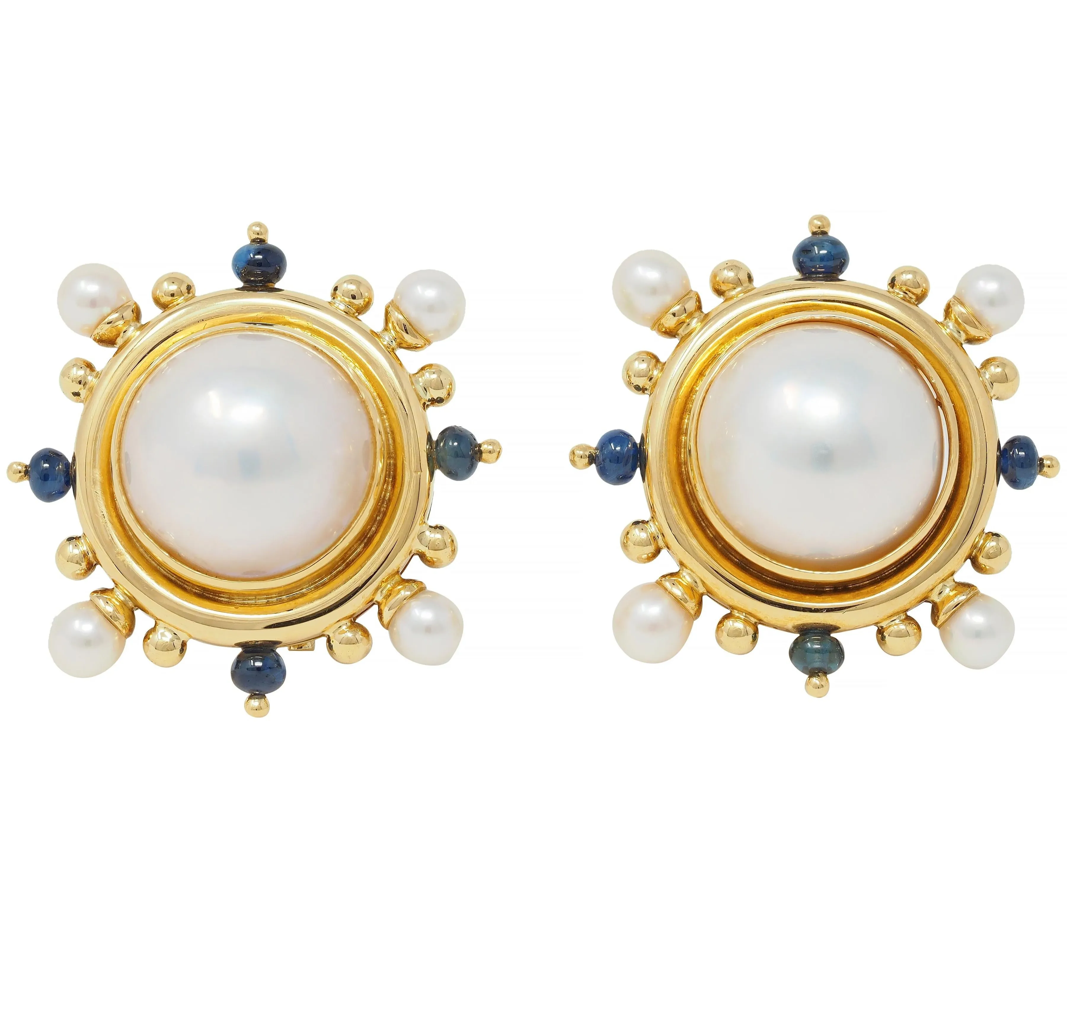 Elizabeth Locke Button Pearl Sapphire 18 Karat Yellow Gold Earrings