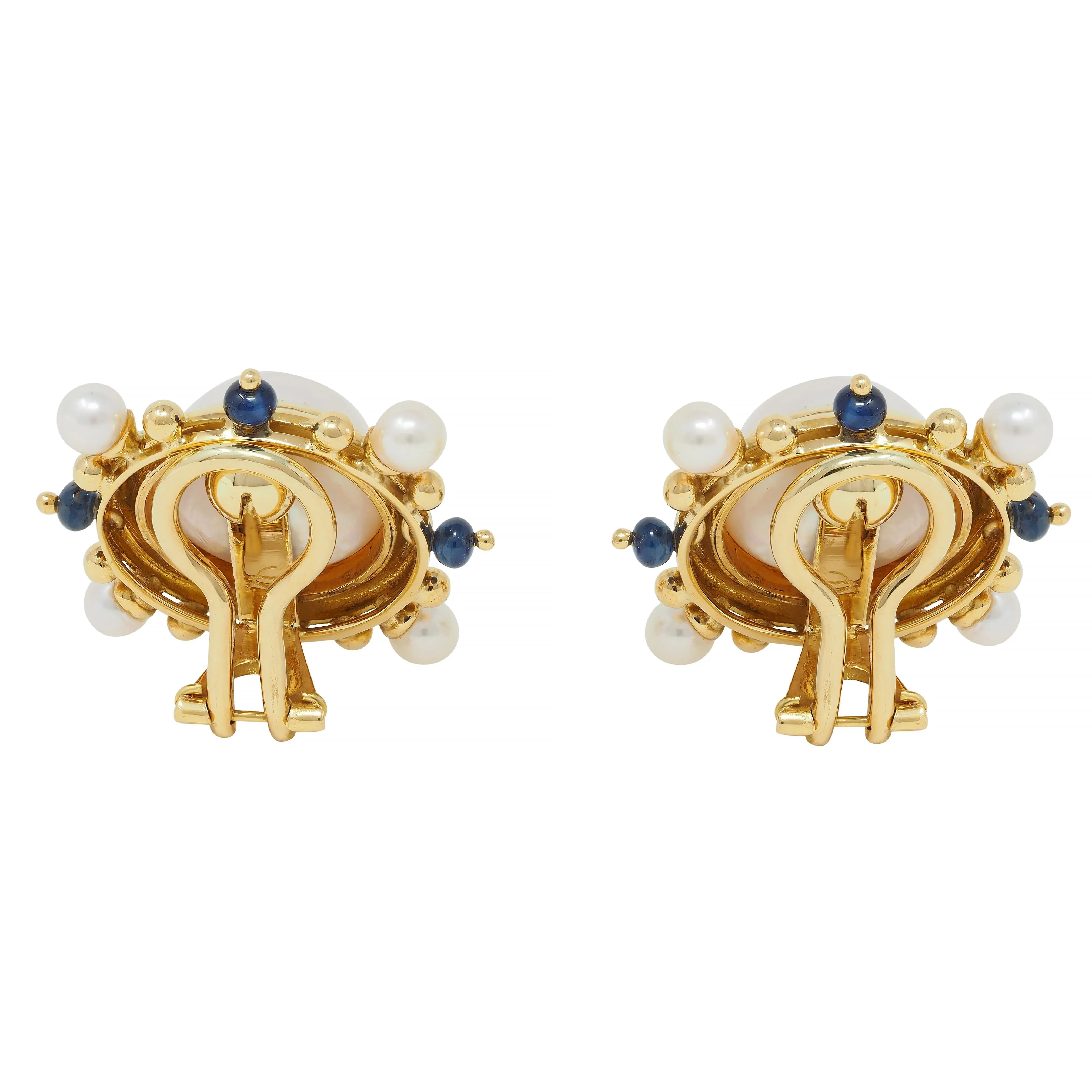 Elizabeth Locke Button Pearl Sapphire 18 Karat Yellow Gold Earrings