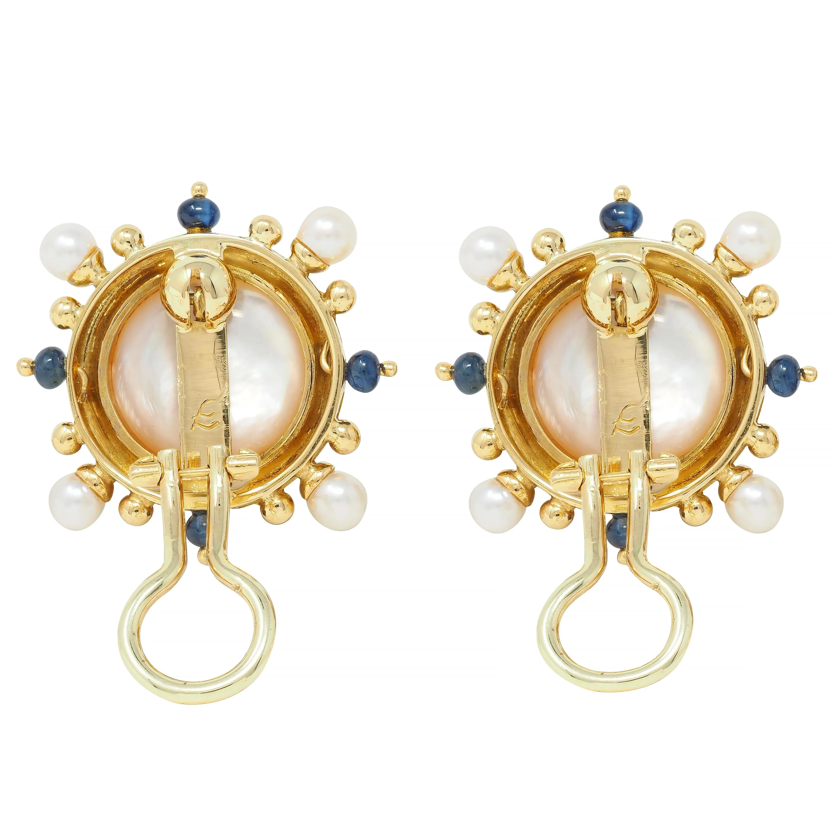 Elizabeth Locke Button Pearl Sapphire 18 Karat Yellow Gold Earrings