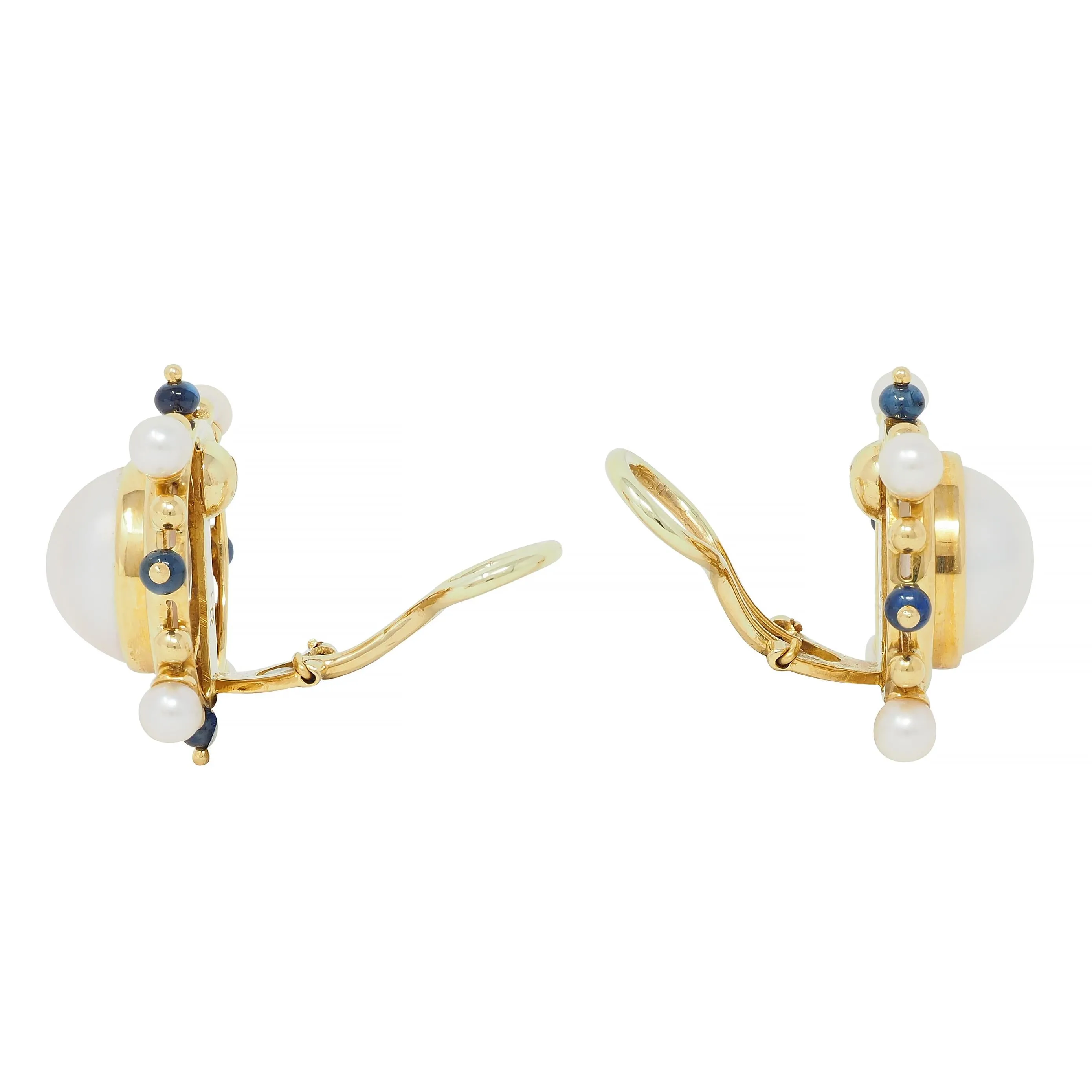 Elizabeth Locke Button Pearl Sapphire 18 Karat Yellow Gold Earrings