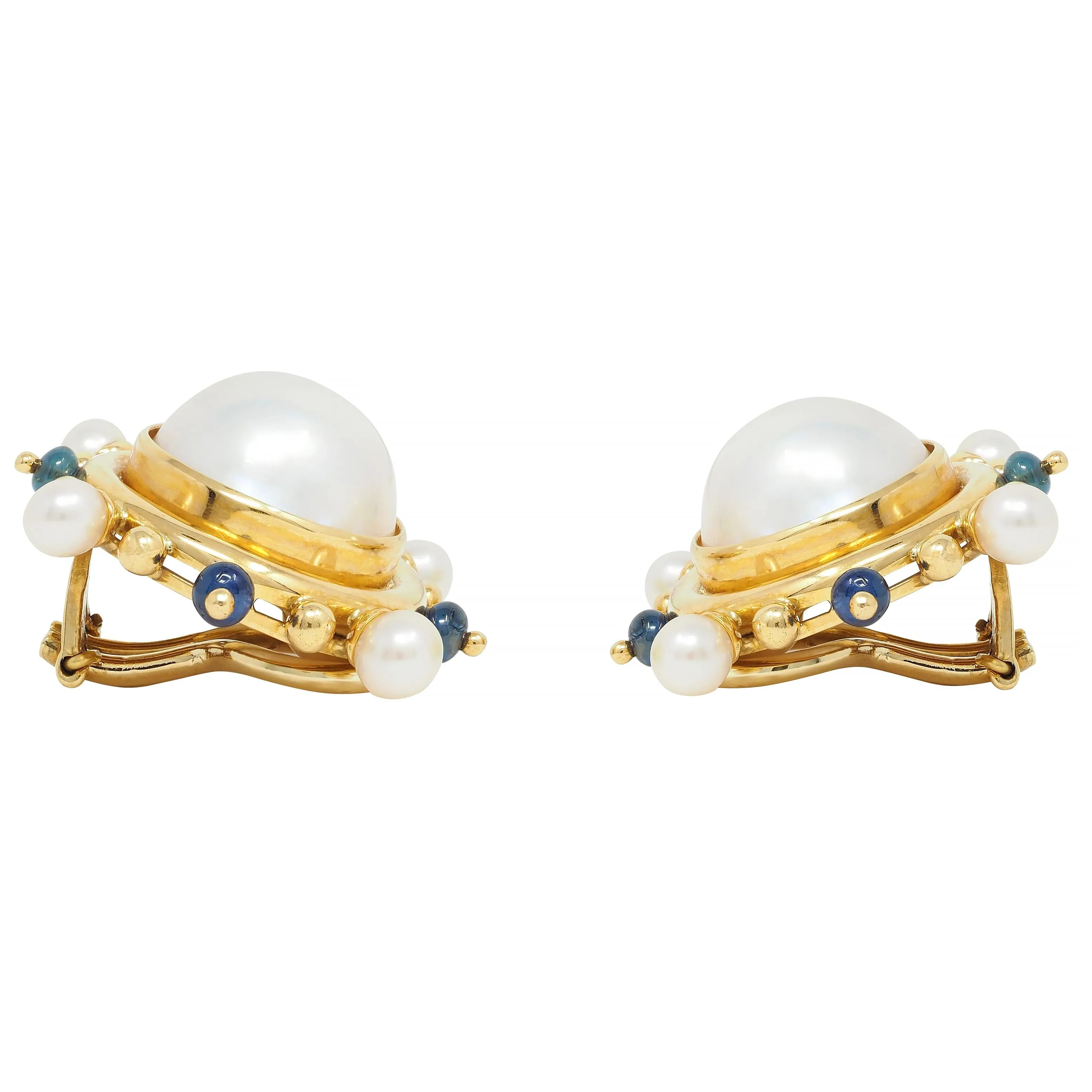 Elizabeth Locke Button Pearl Sapphire 18 Karat Yellow Gold Earrings