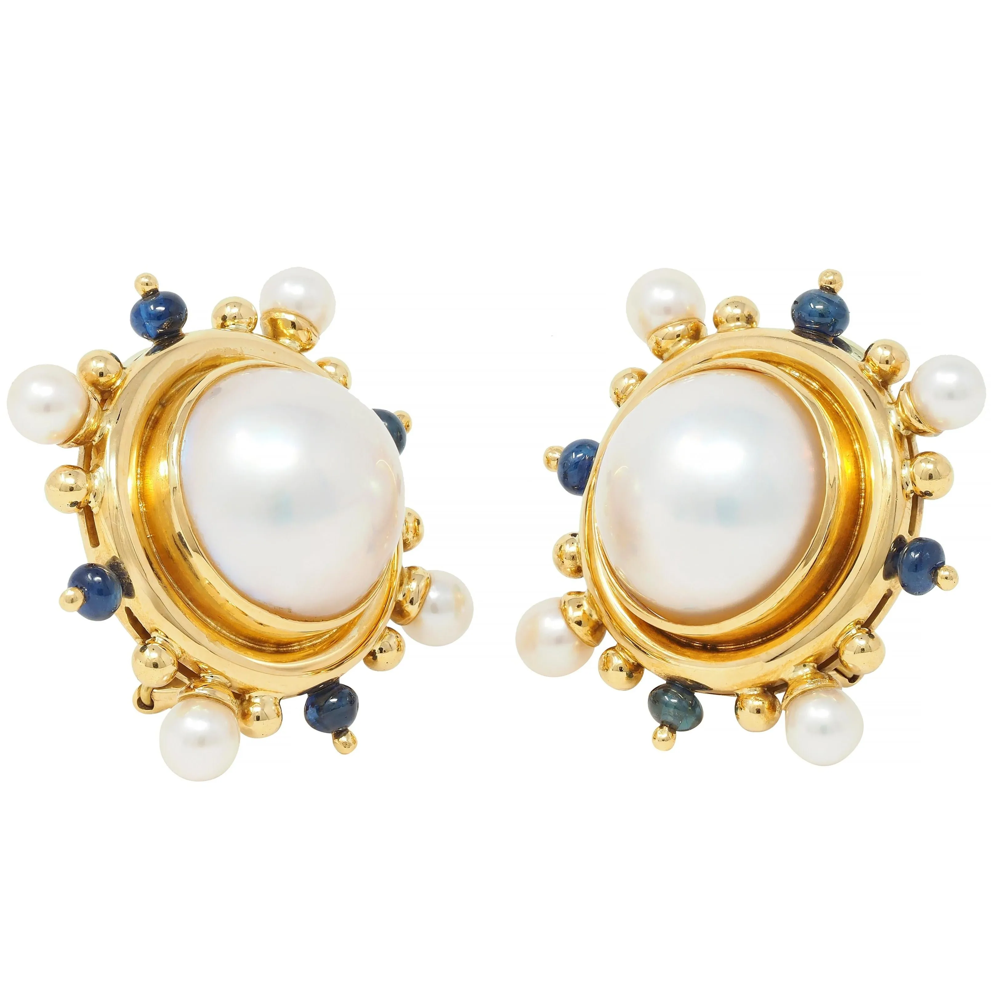 Elizabeth Locke Button Pearl Sapphire 18 Karat Yellow Gold Earrings