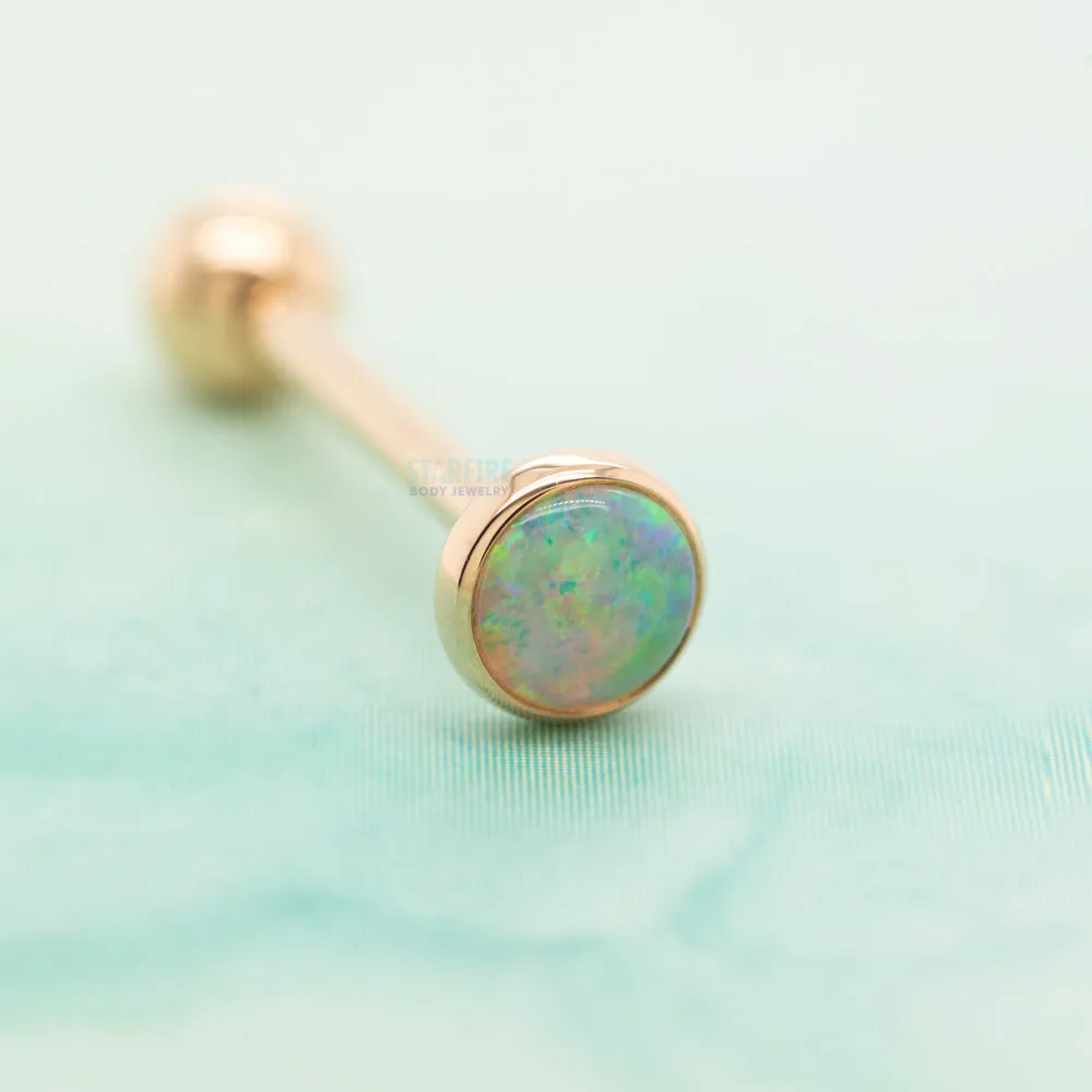 Genuine White Opal in Cup Setting Tongue Barbell in Gold with ball bottom - 14 ga.