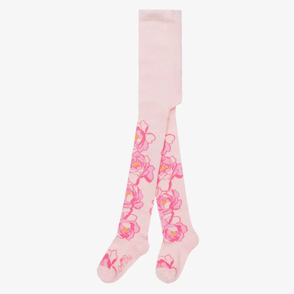 Girs Pink Cotton Floral Tights