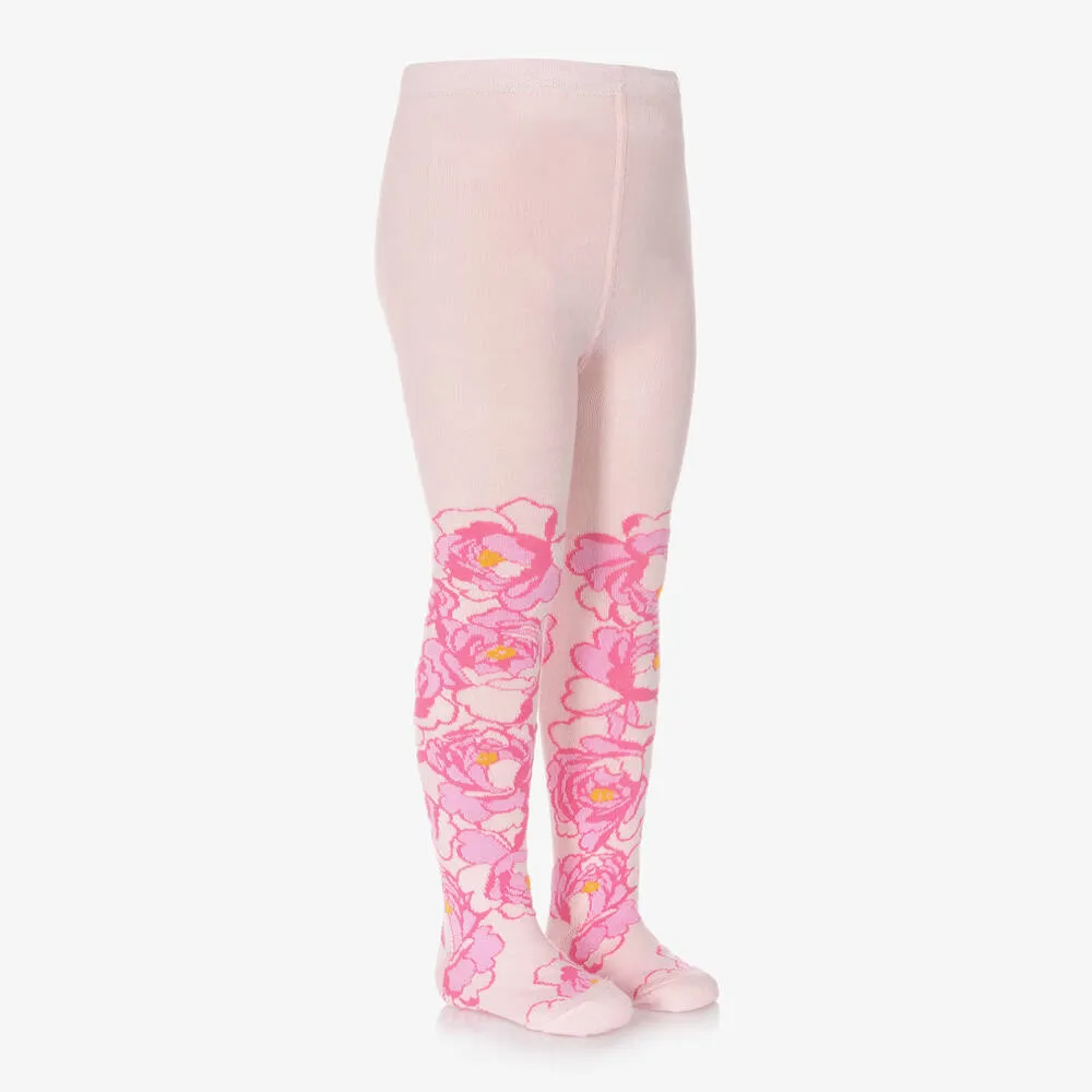 Girs Pink Cotton Floral Tights