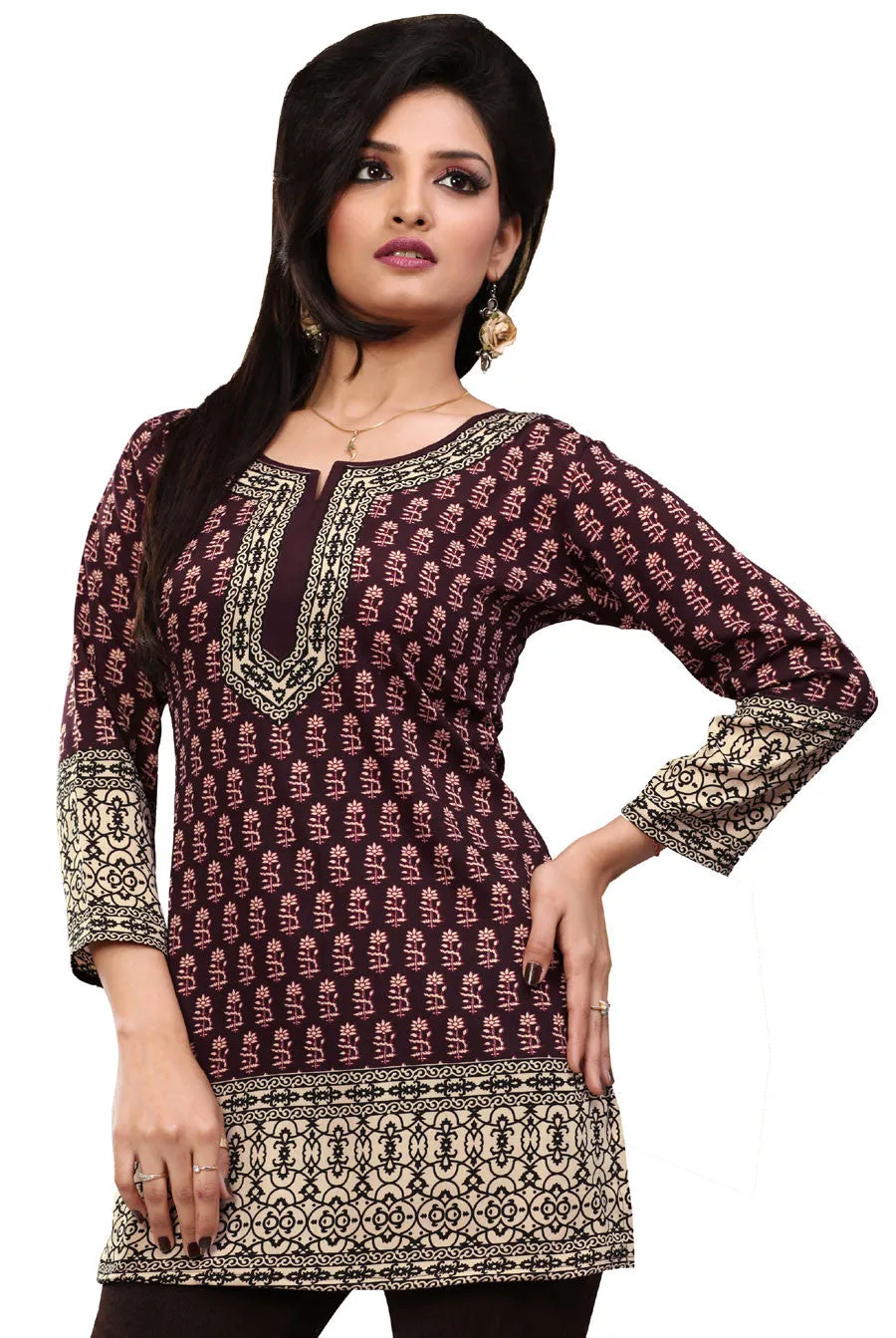 India Tunic Top Kurti Womens Printed Blouse Indian Apparel (Brown)