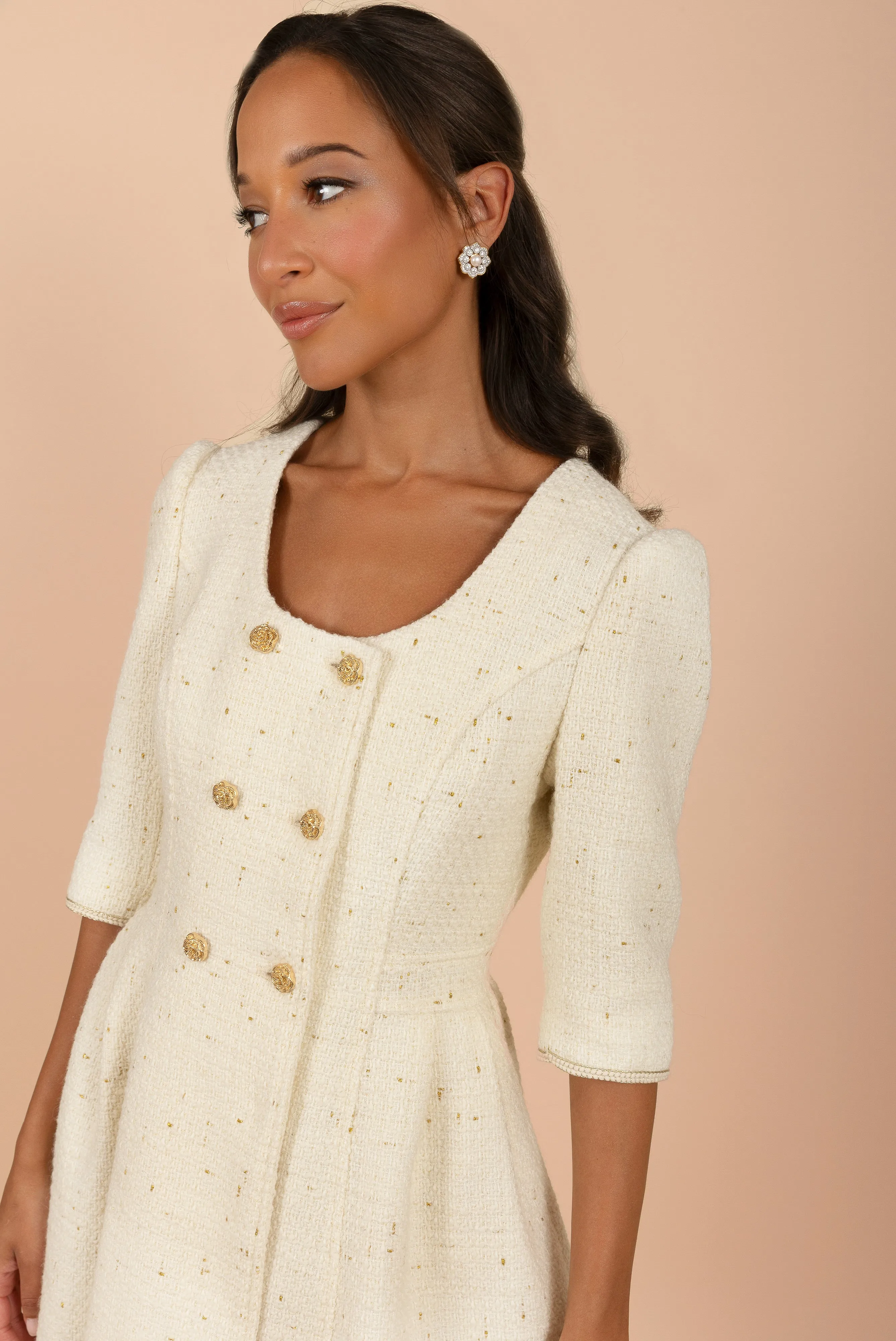 'Kelly' Wool Tweed Dress Coat in Crema