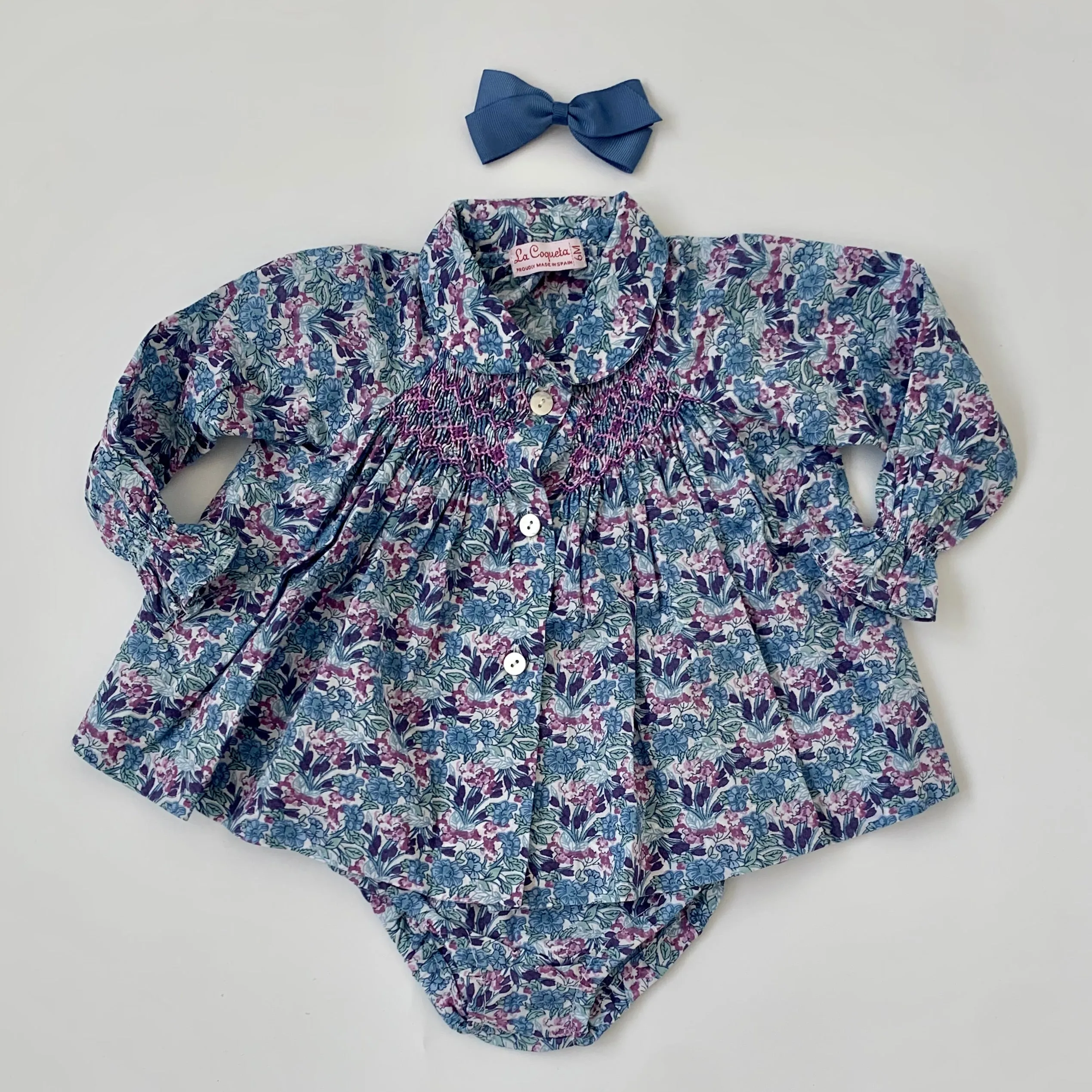 La Coqueta Blue Floral Smocked Set: 6 Months