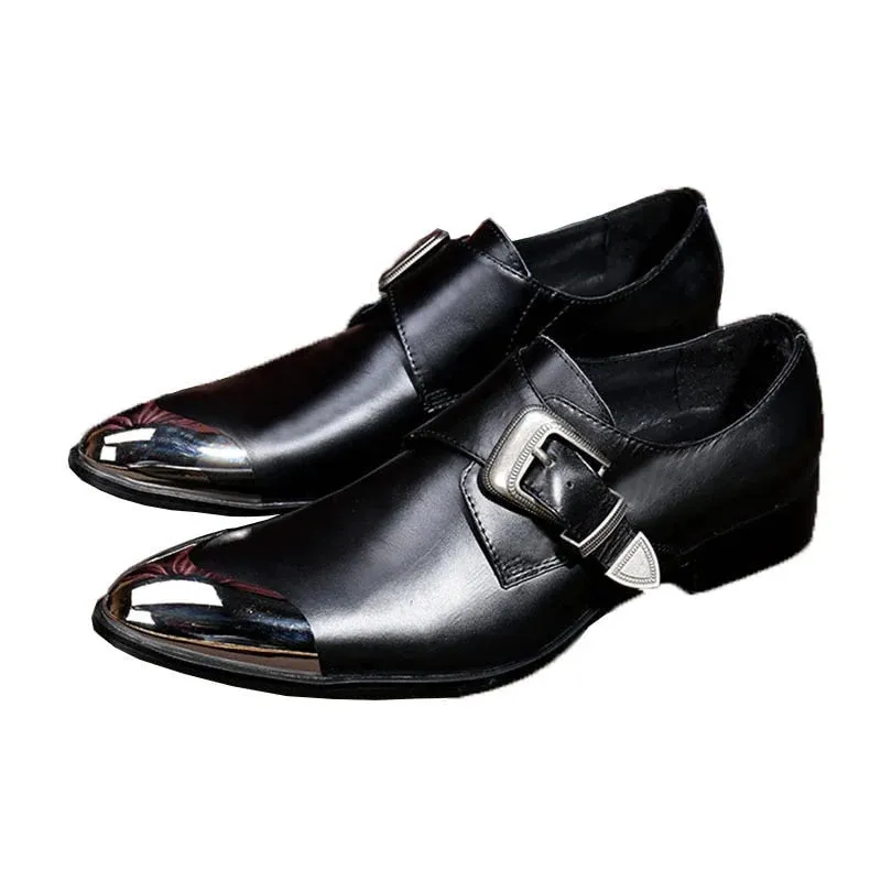 Men's Leather Pointy Metal Front Cap Buckle Strap High Heels Dress Shoes