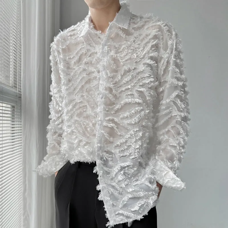 Men's Vintage Lace See-Through Loose Casual Long Sleeve Shirt