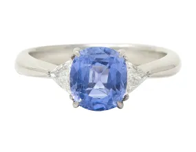 Mid-Century 2.07 CTW No Heat Ceylon Sapphire Diamond Three Stone Ring GIA