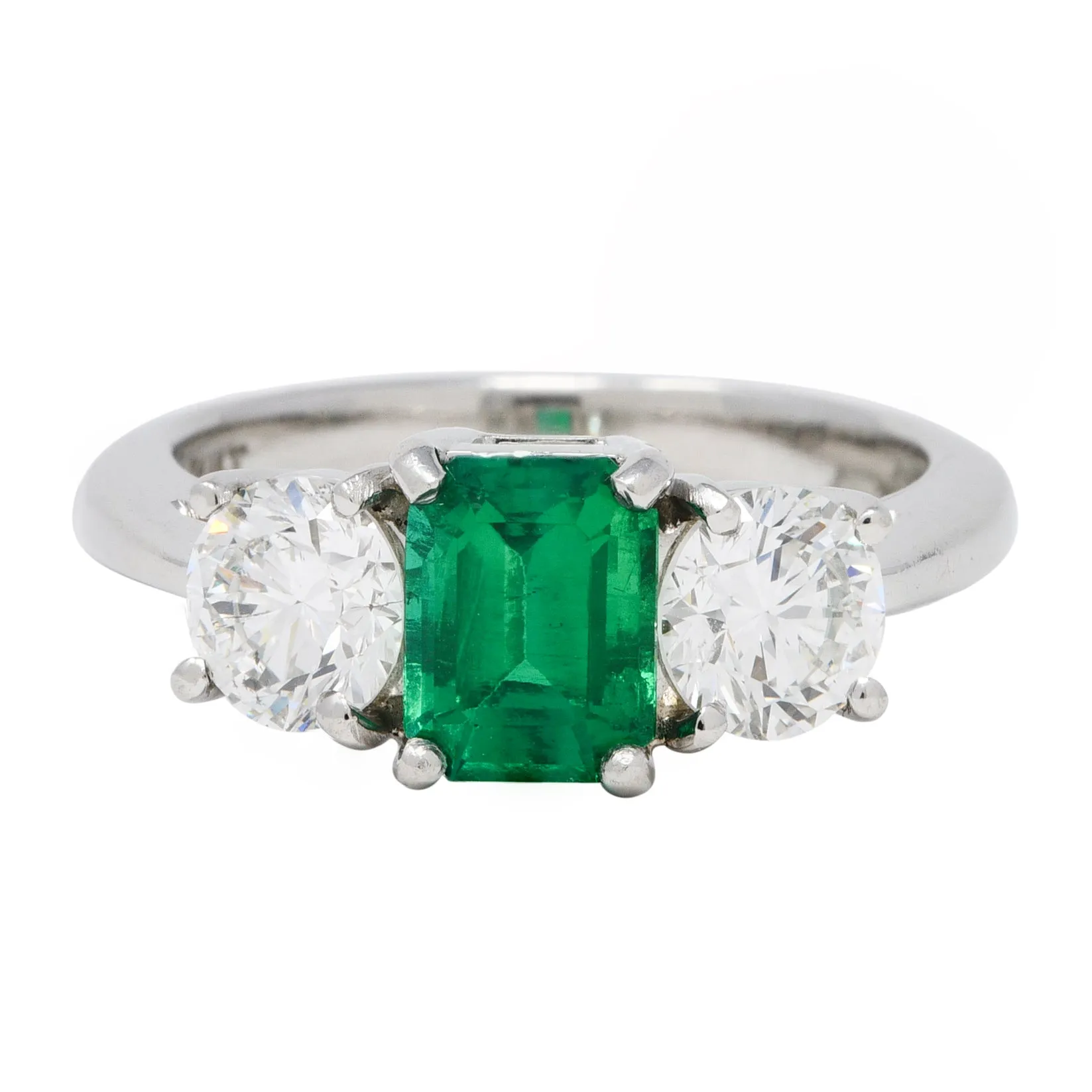 Mid-Century 2.27 CTW Emerald Diamond Platinum Vintage Three Stone Ring GIA