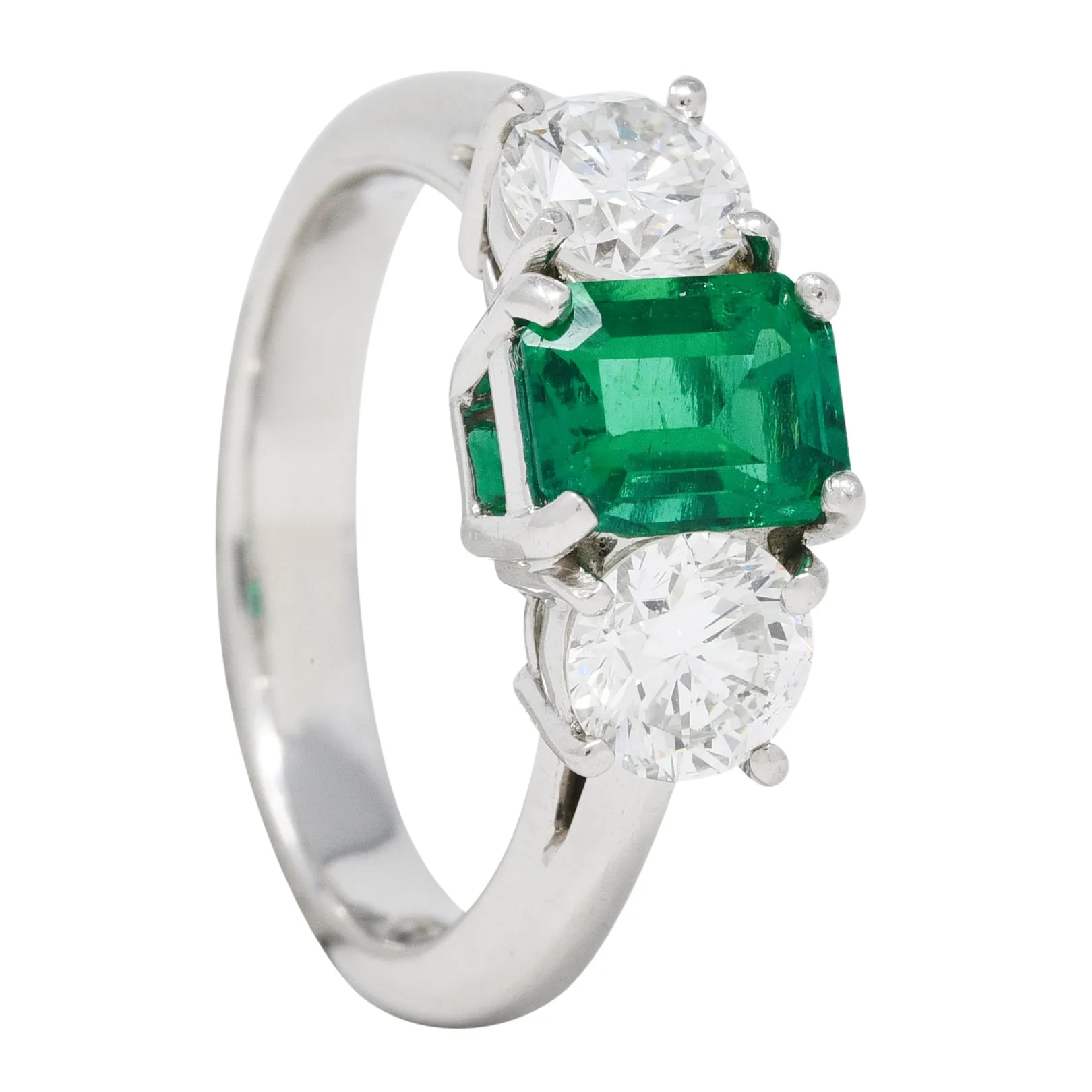 Mid-Century 2.27 CTW Emerald Diamond Platinum Vintage Three Stone Ring GIA