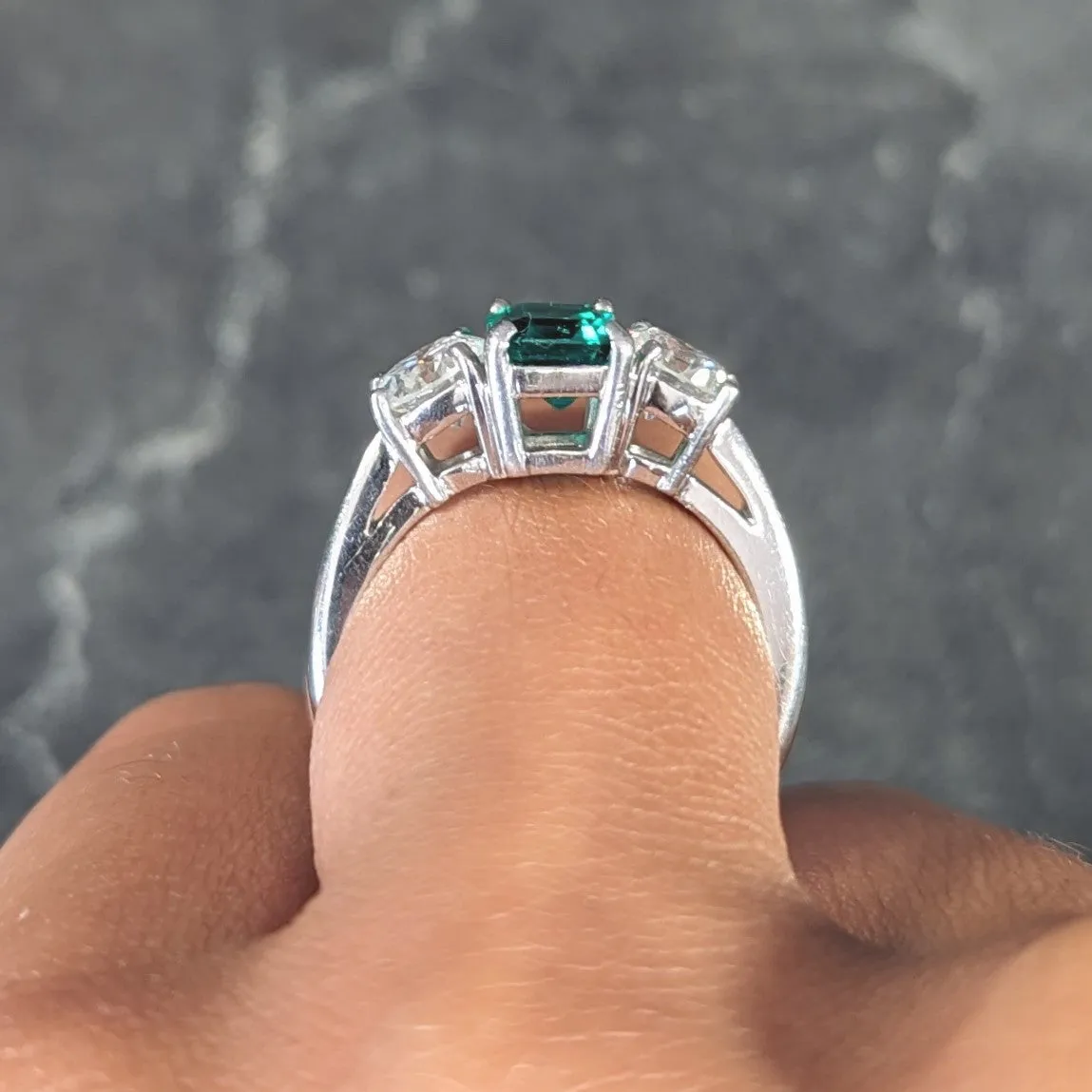 Mid-Century 2.27 CTW Emerald Diamond Platinum Vintage Three Stone Ring GIA