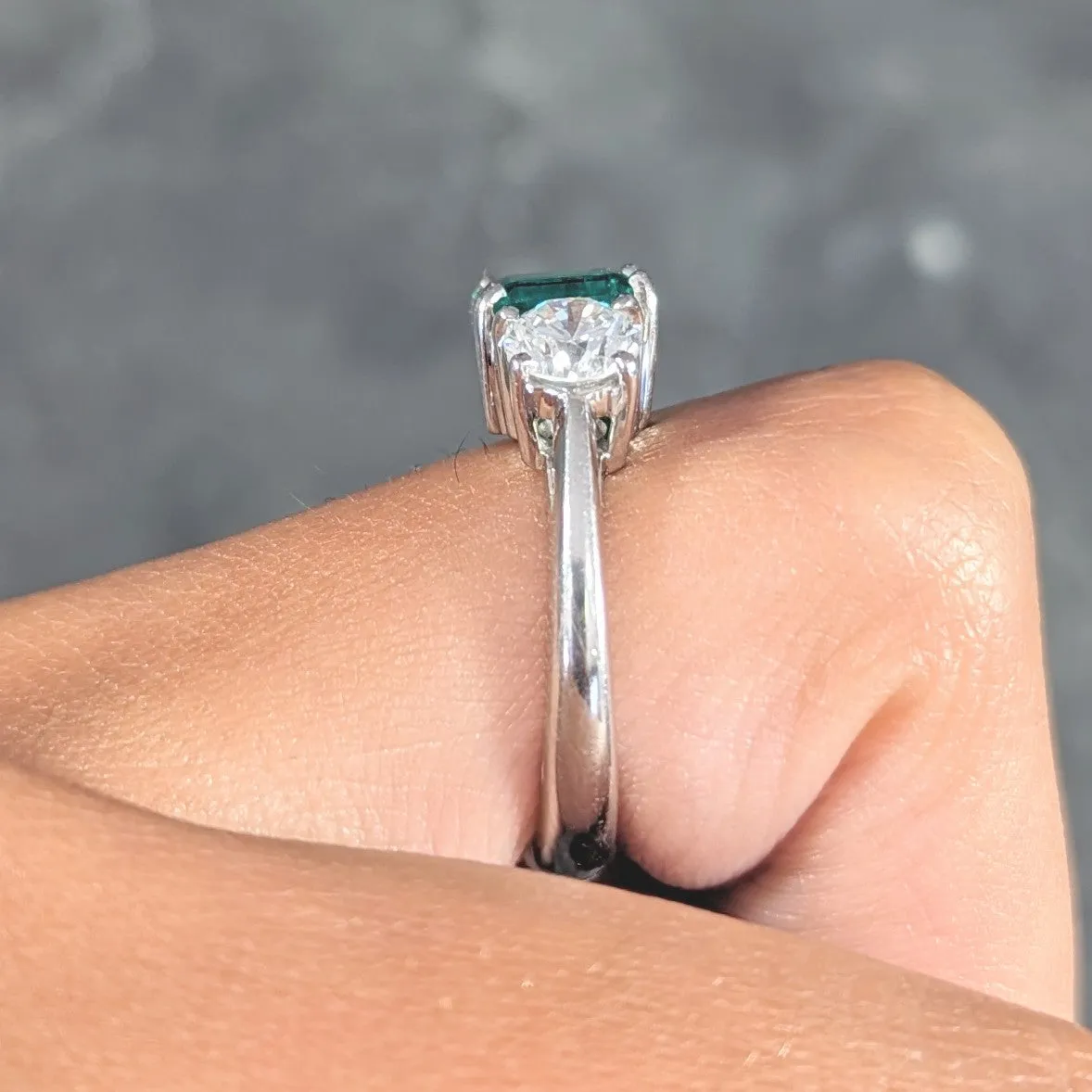 Mid-Century 2.27 CTW Emerald Diamond Platinum Vintage Three Stone Ring GIA