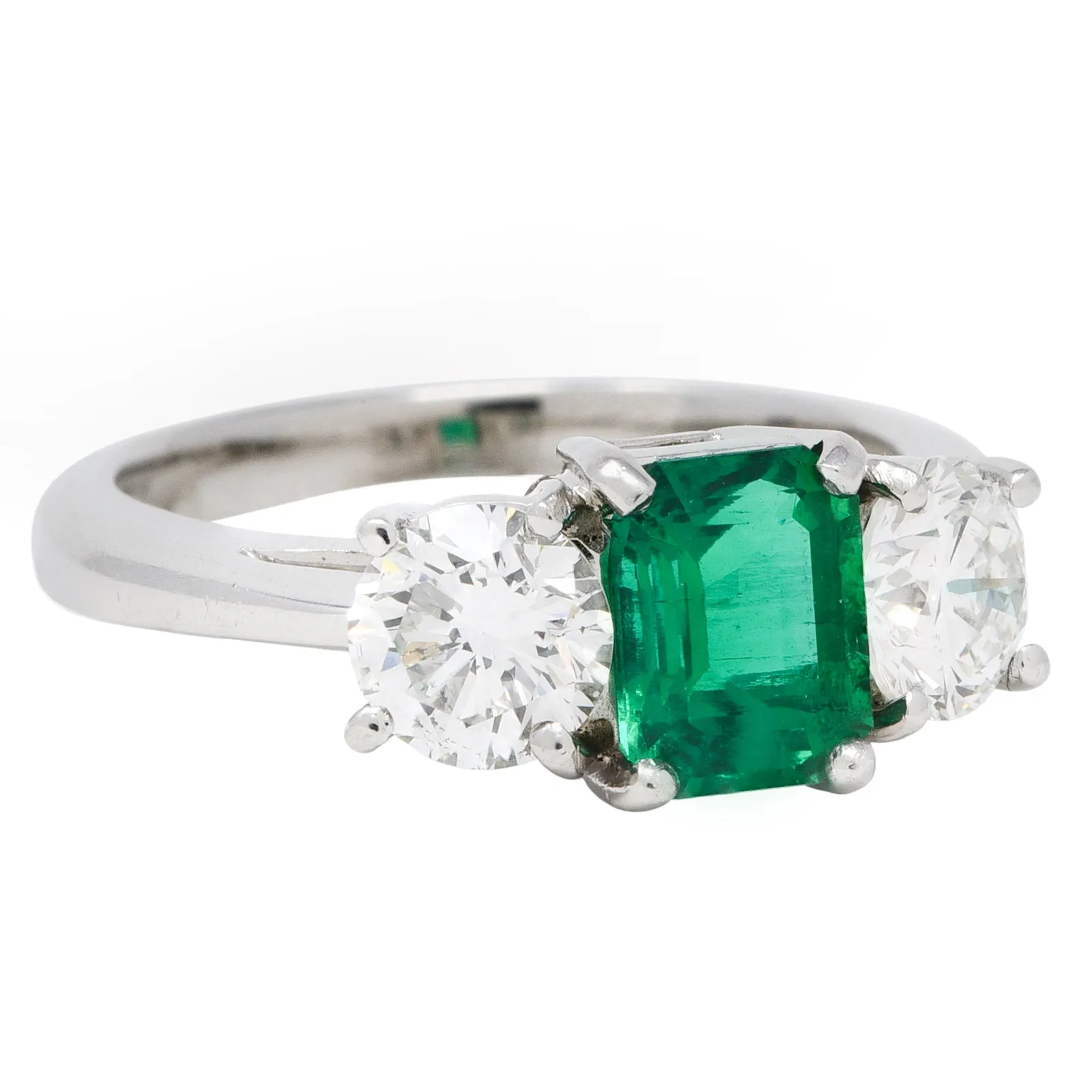 Mid-Century 2.27 CTW Emerald Diamond Platinum Vintage Three Stone Ring GIA